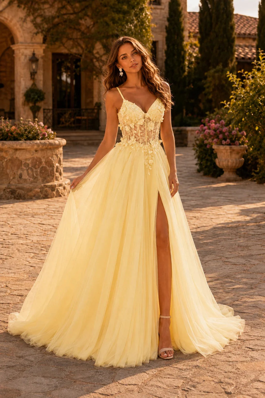 Xelora Floral Applique Tulle A-Line Prom Dress with Slit