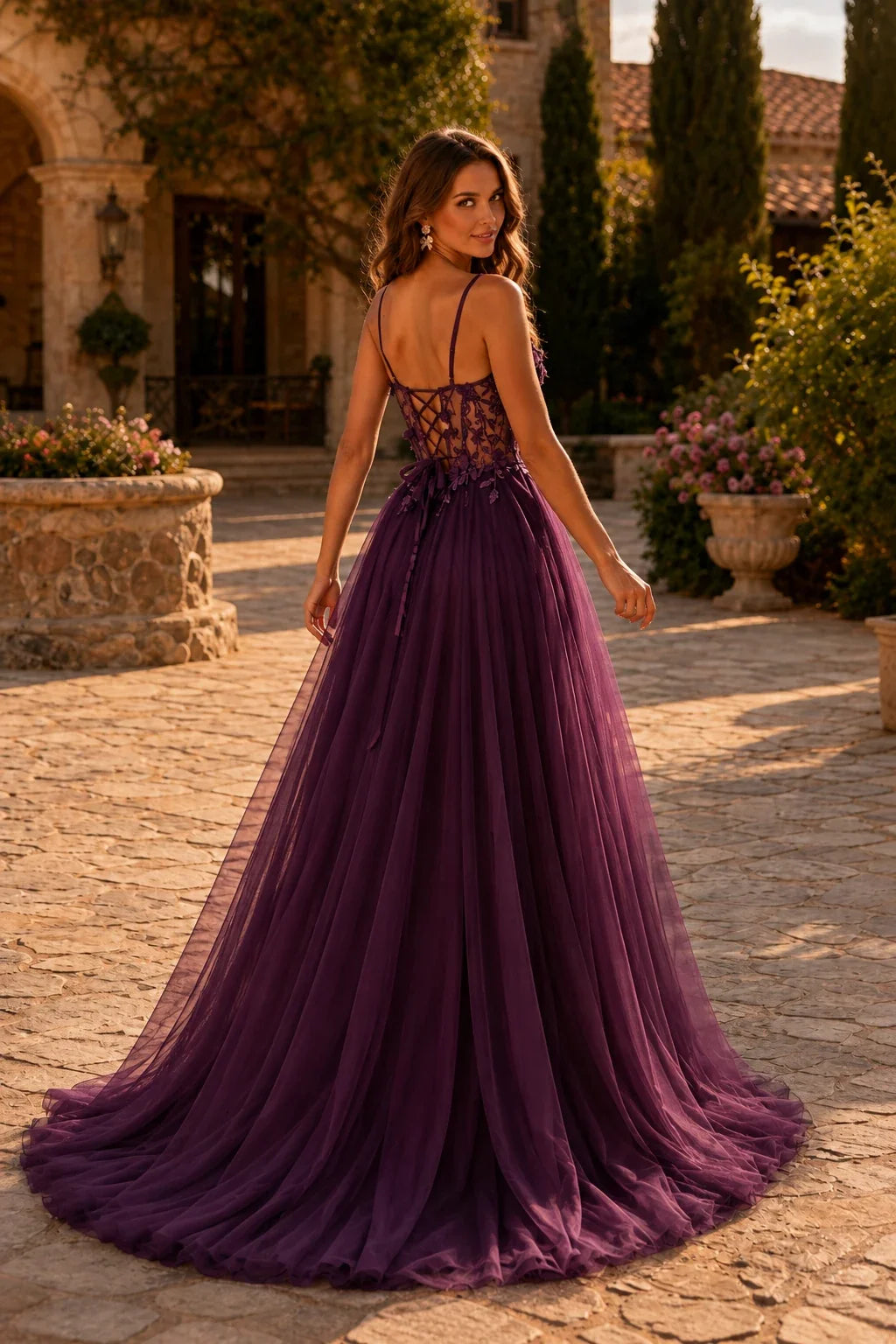 Xelora Floral Applique Tulle A-Line Prom Dress with Slit