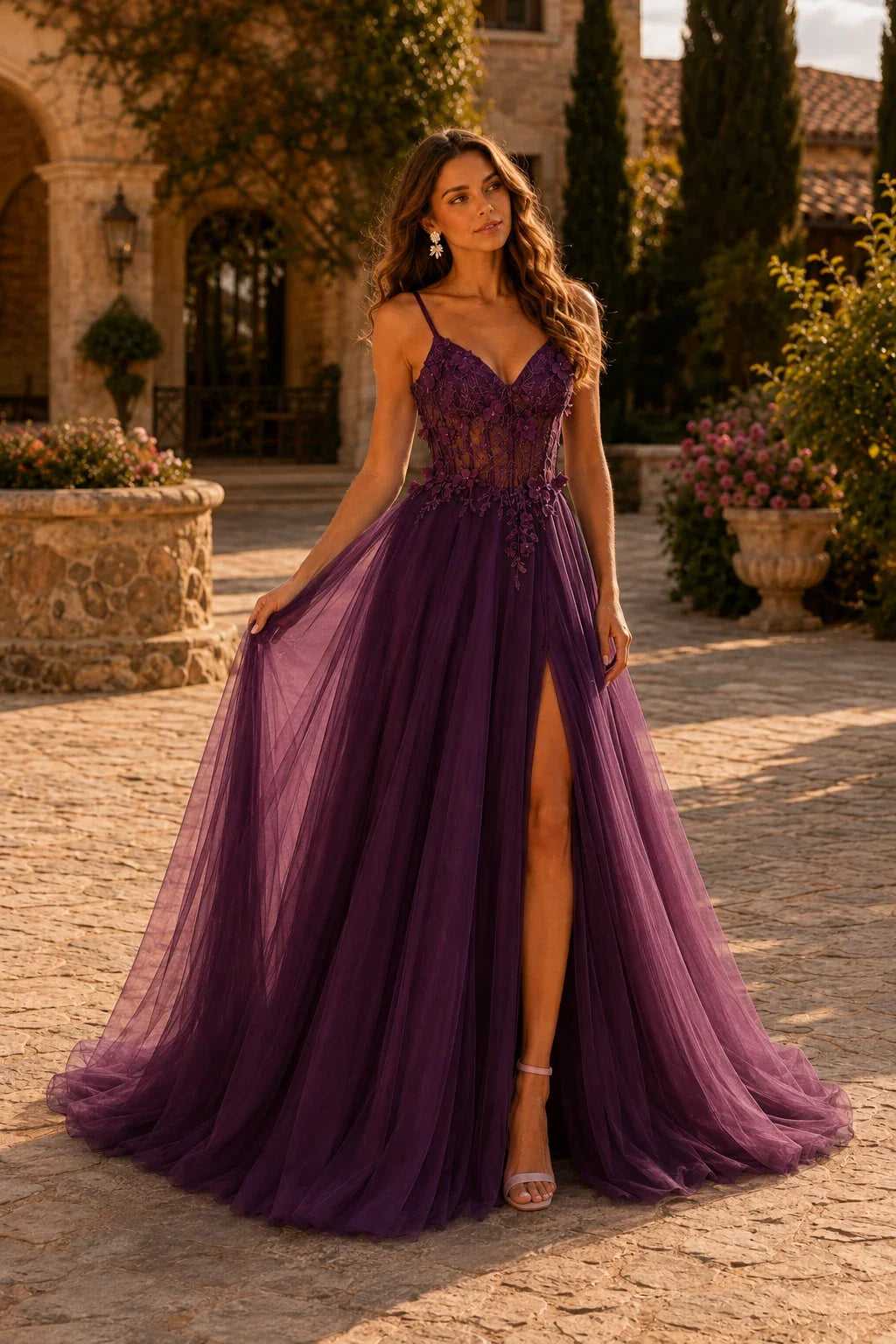 Xelora Floral Applique Tulle A-Line Prom Dress with Slit