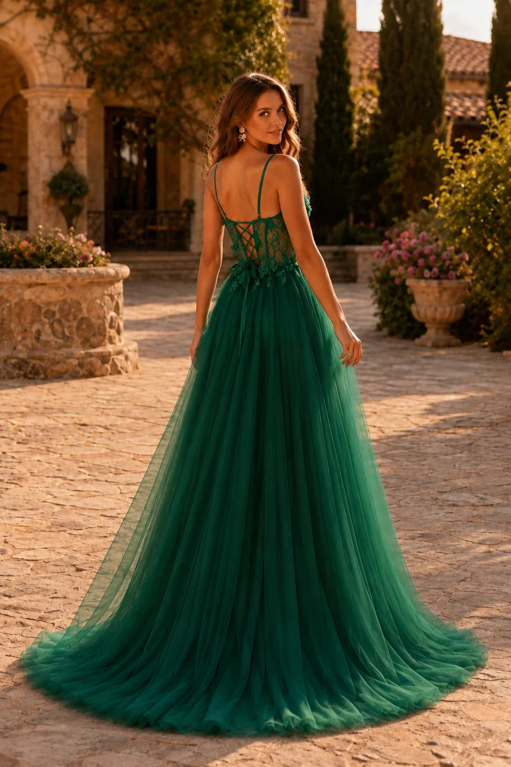 Xelora Floral Applique Tulle A-Line Prom Dress with Slit