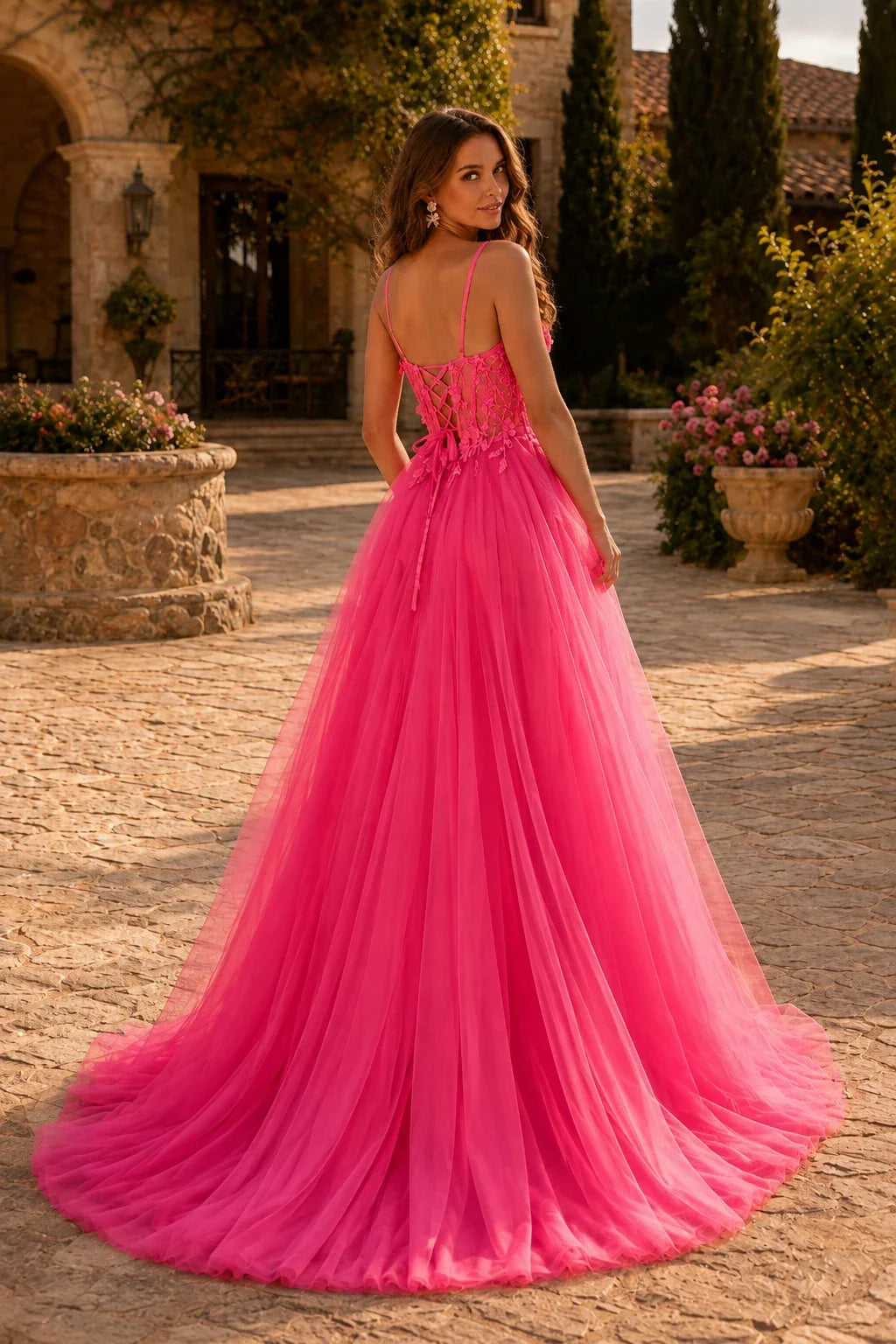 Xelora Floral Applique Tulle A-Line Prom Dress with Slit