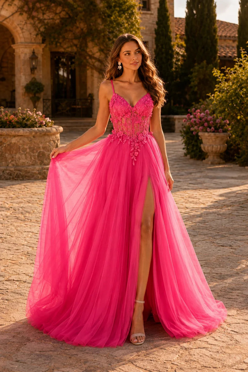 Xelora Floral Applique Tulle A-Line Prom Dress with Slit