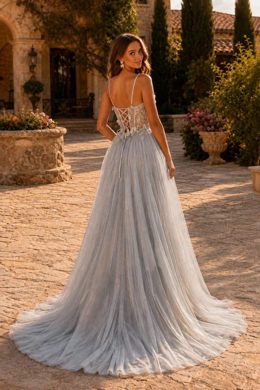 Xelora Floral Applique Tulle A-Line Prom Dress with Slit