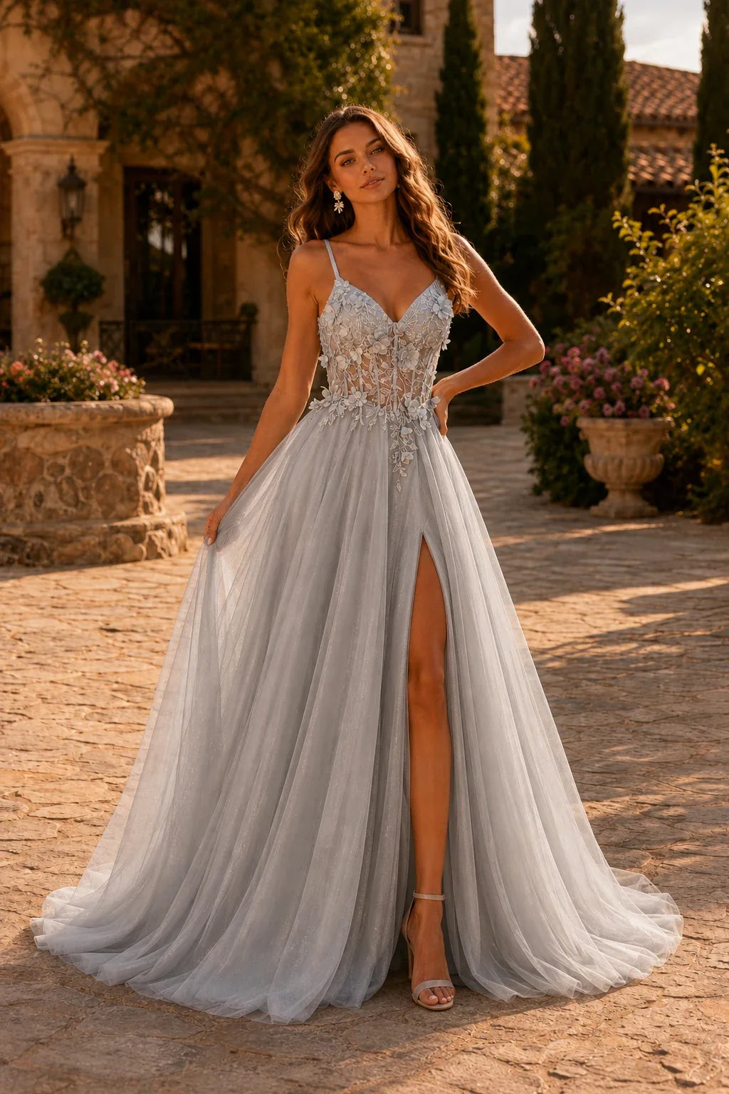 Xelora Floral Applique Tulle A-Line Prom Dress with Slit