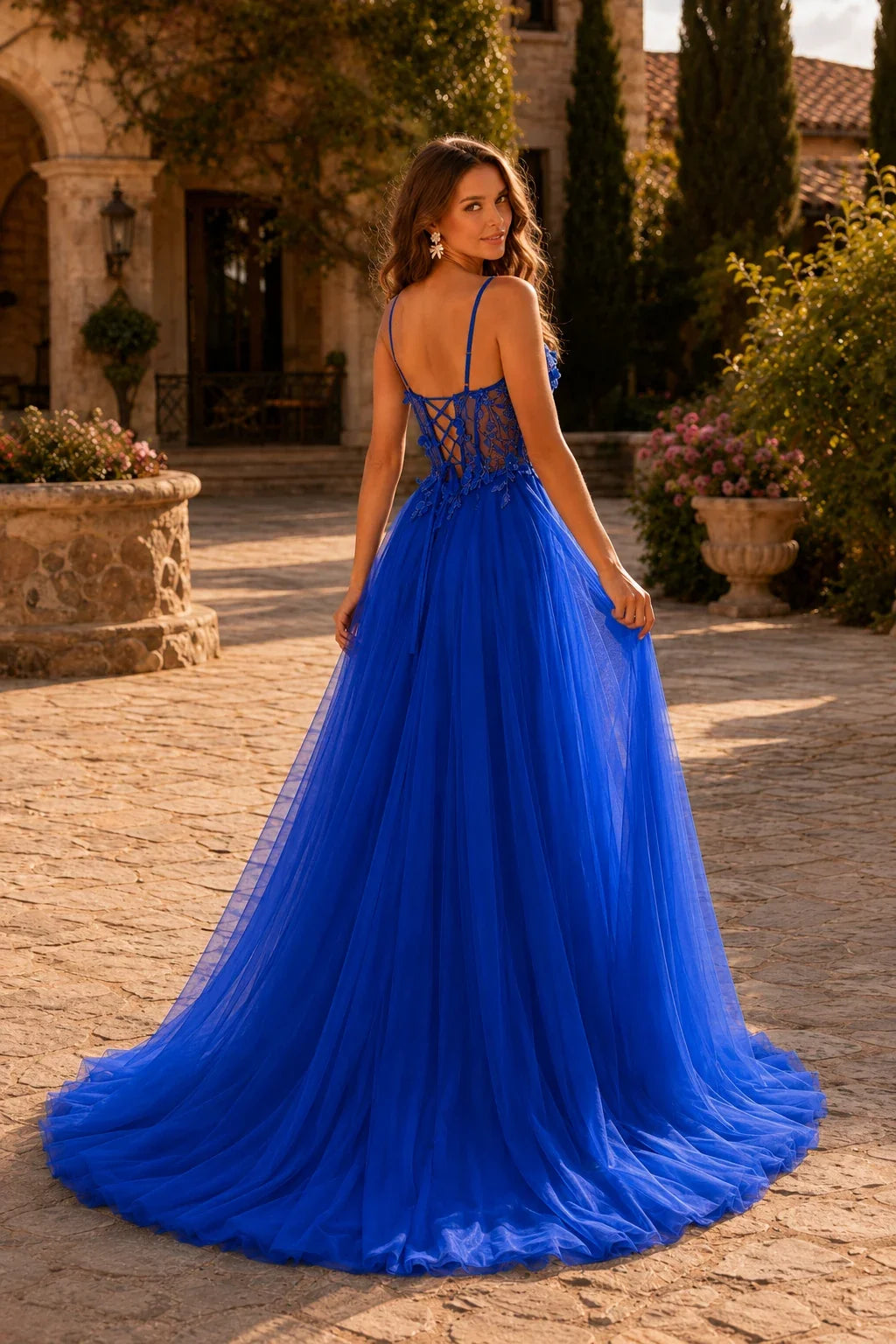Xelora Floral Applique Tulle A-Line Prom Dress with Slit