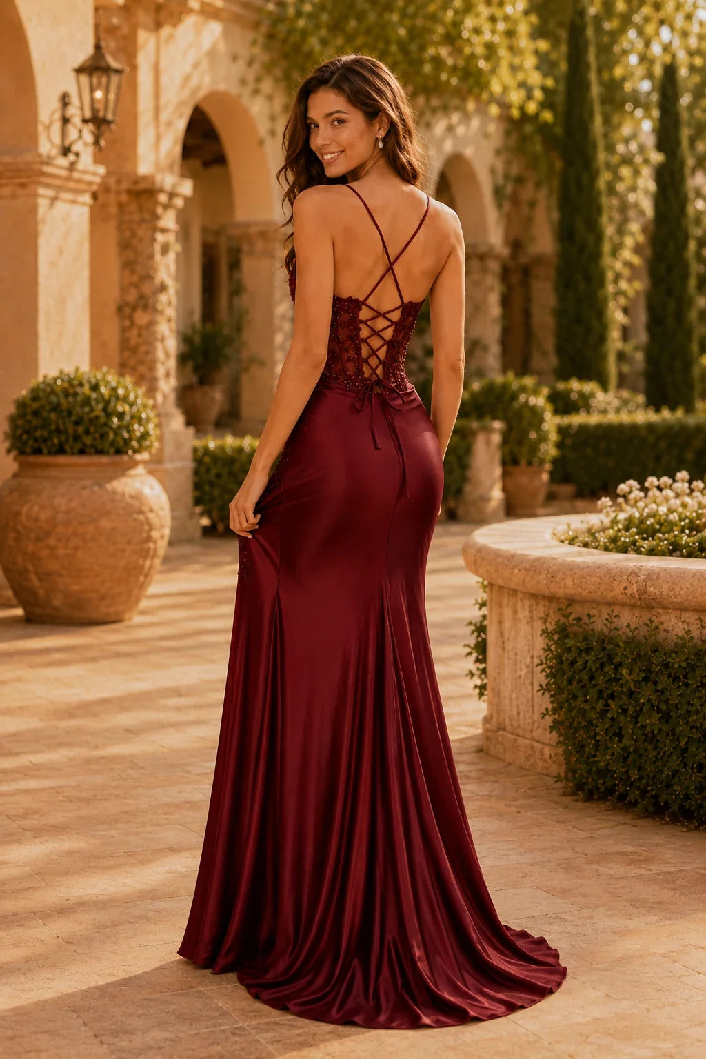 Aurelia Beaded Lace-Up Mermaid Prom Dress with Slit