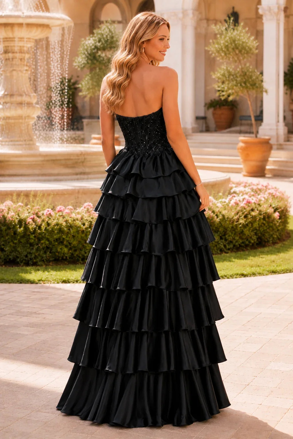 Estelle Strapless Tiered Ruffle Ball Gown Prom Dress