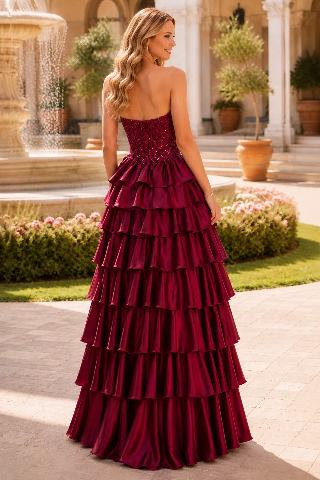 Estelle Strapless Tiered Ruffle Ball Gown Prom Dress