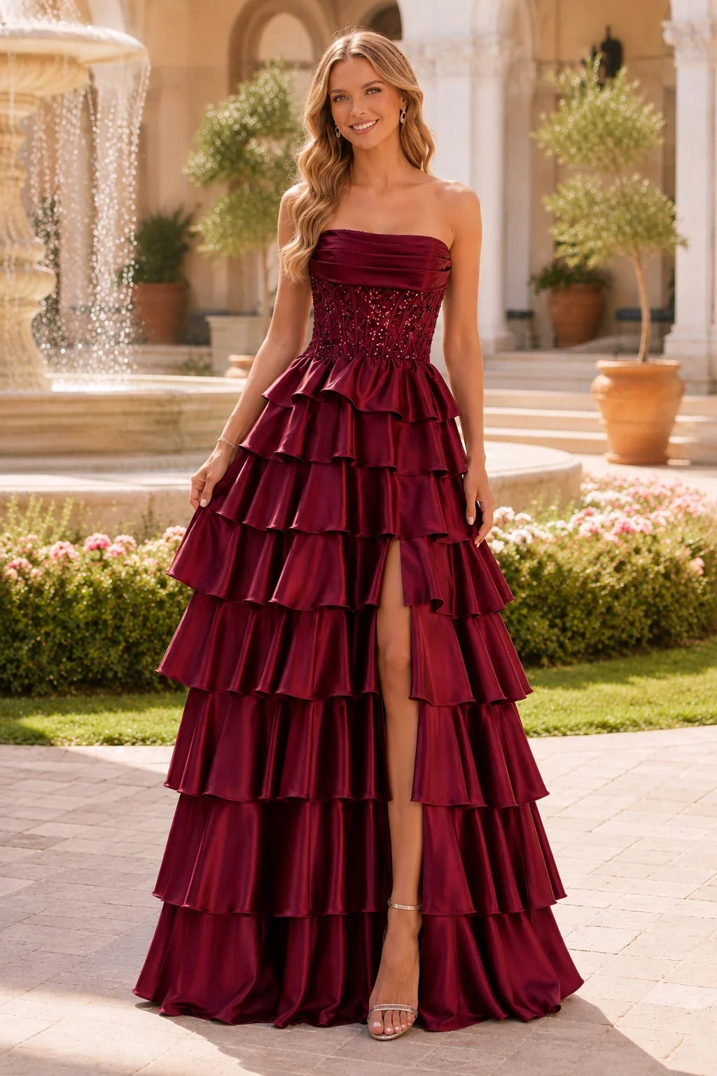 Estelle Strapless Tiered Ruffle Ball Gown Prom Dress