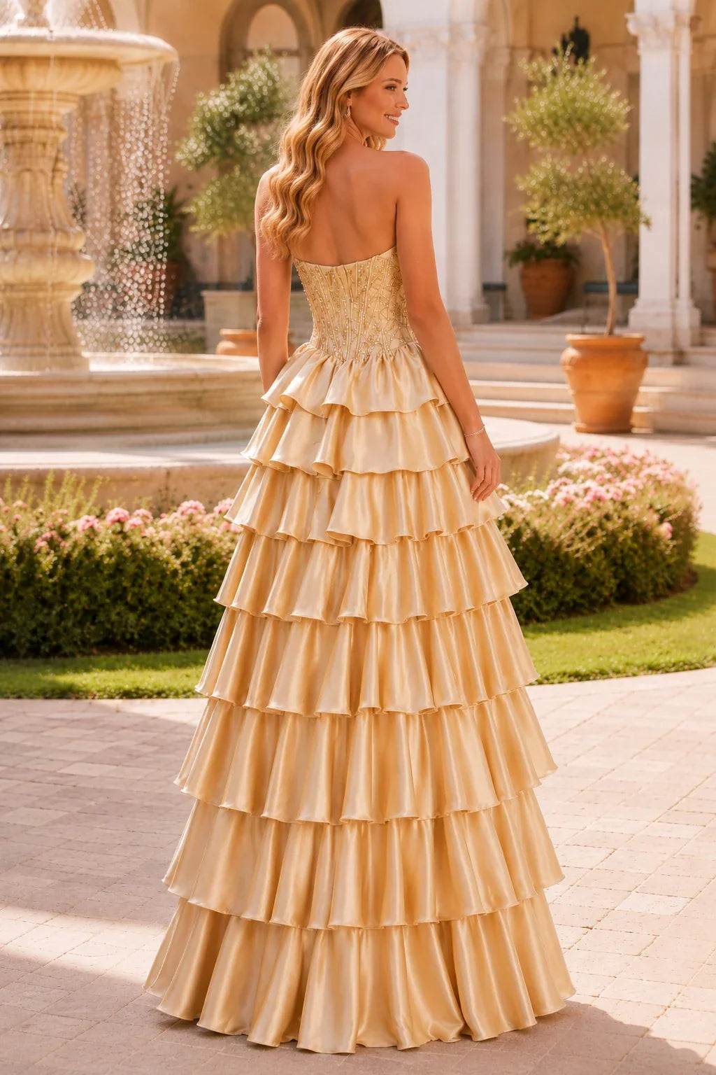 Estelle Strapless Tiered Ruffle Ball Gown Prom Dress