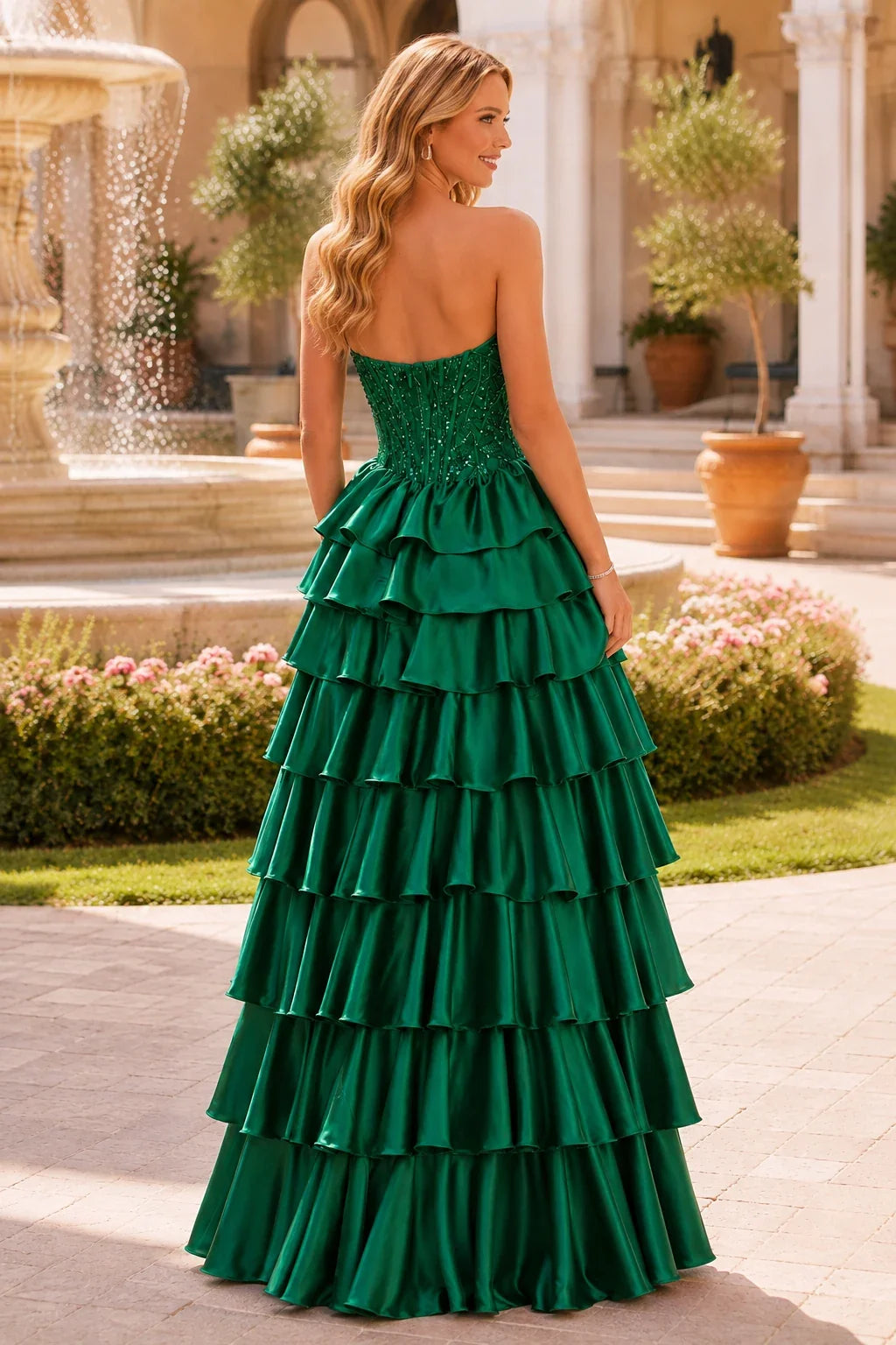 Estelle Strapless Tiered Ruffle Ball Gown Prom Dress