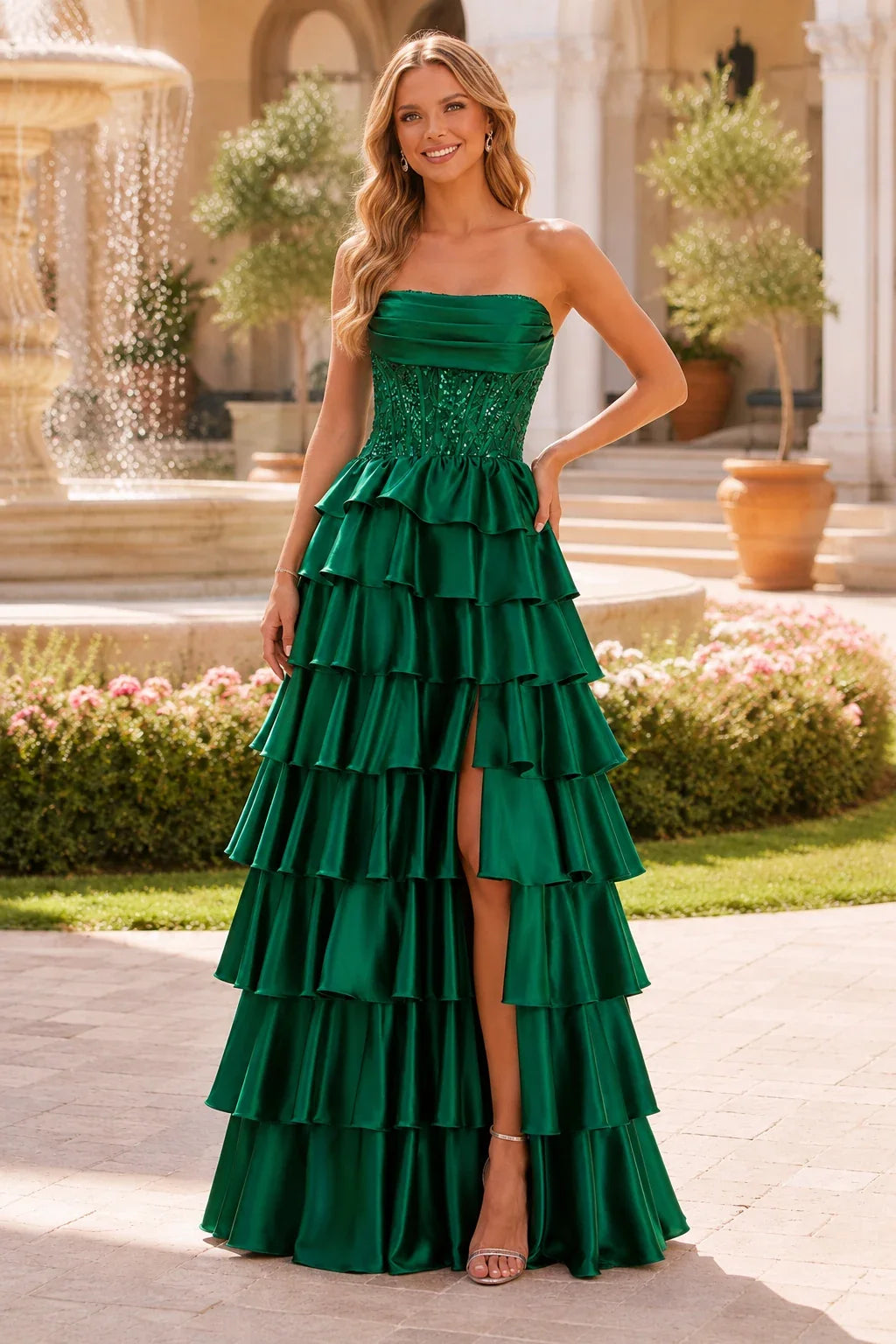 Estelle Strapless Tiered Ruffle Ball Gown Prom Dress