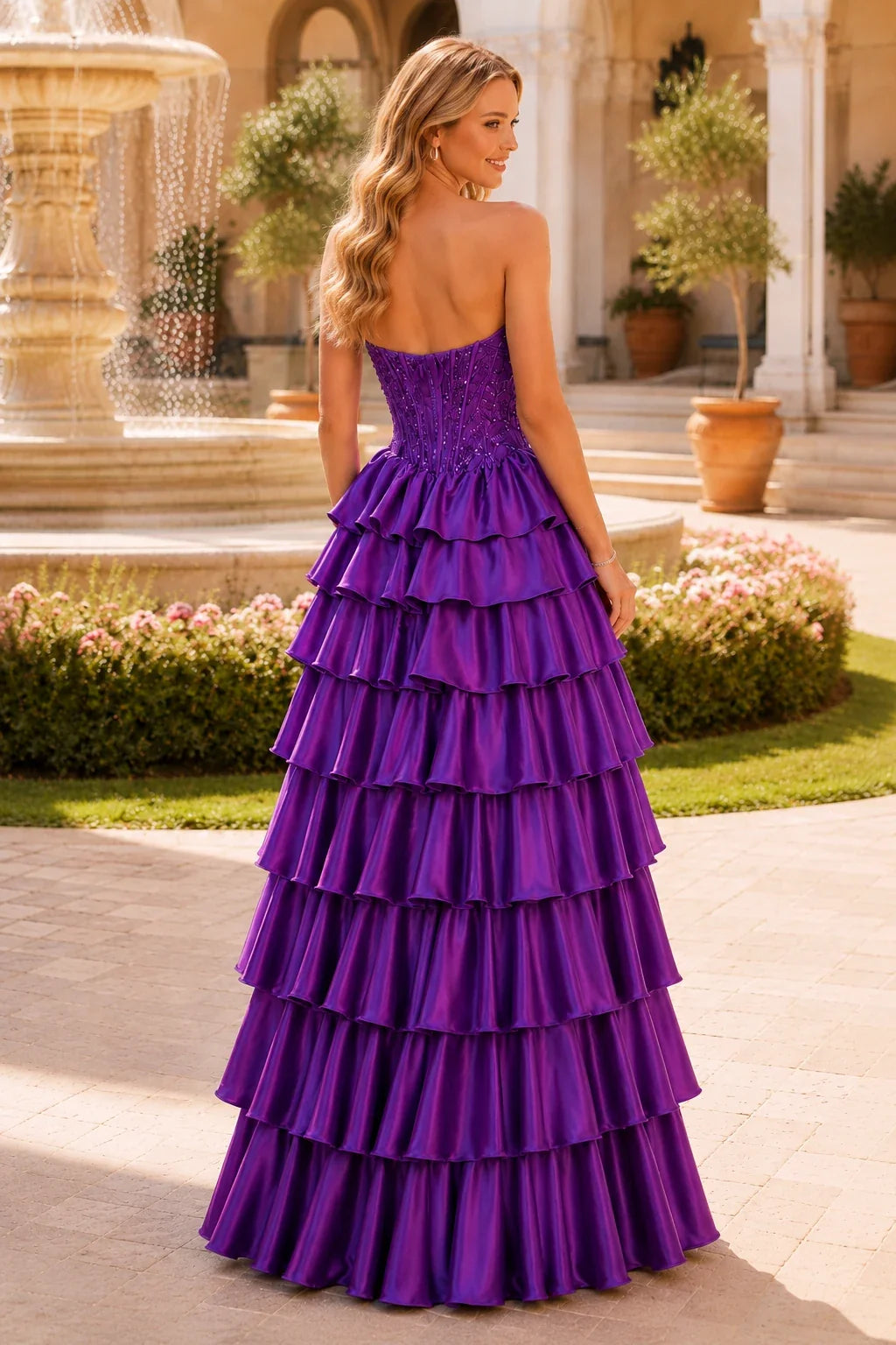 Estelle Strapless Tiered Ruffle Ball Gown Prom Dress