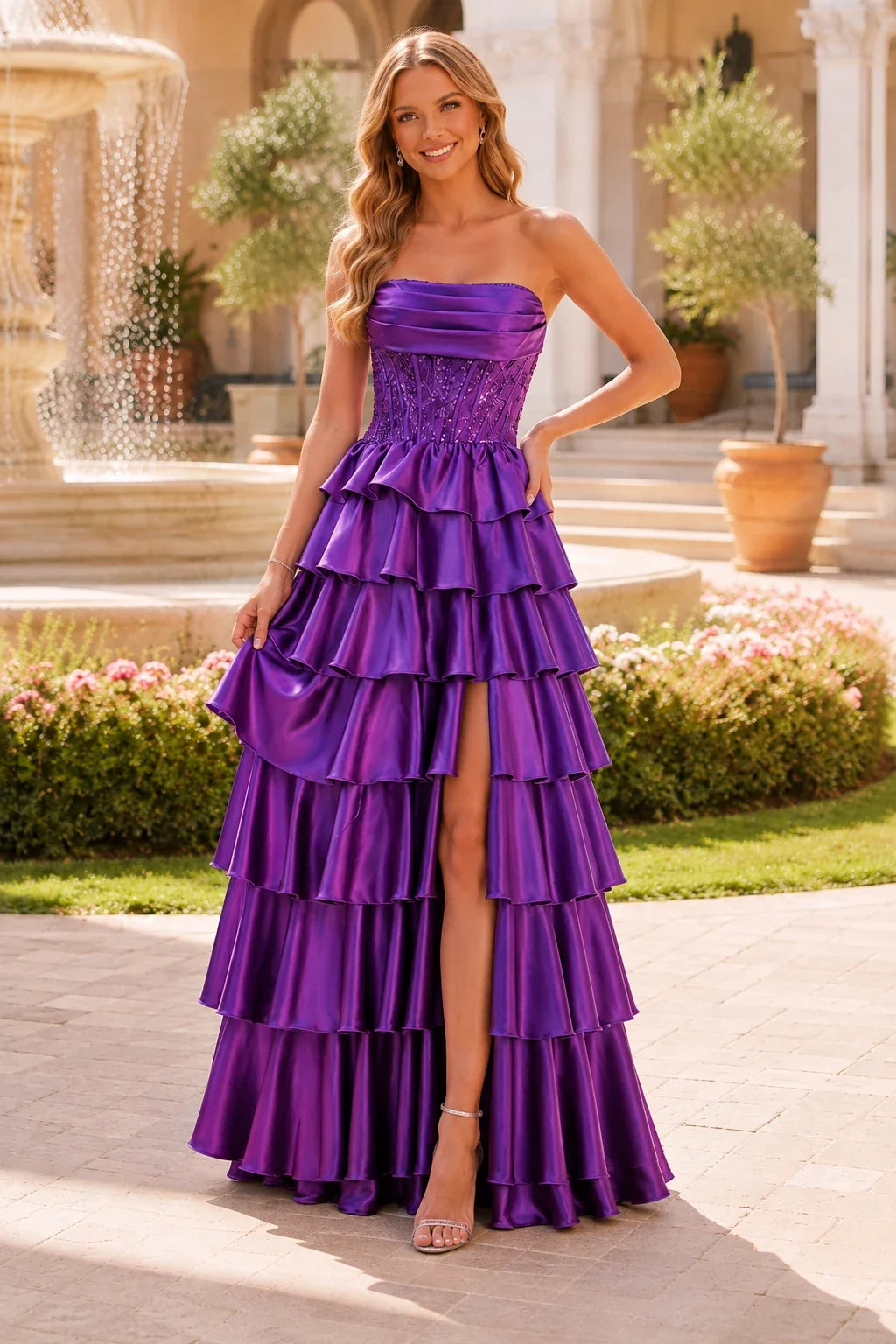 Estelle Strapless Tiered Ruffle Ball Gown Prom Dress