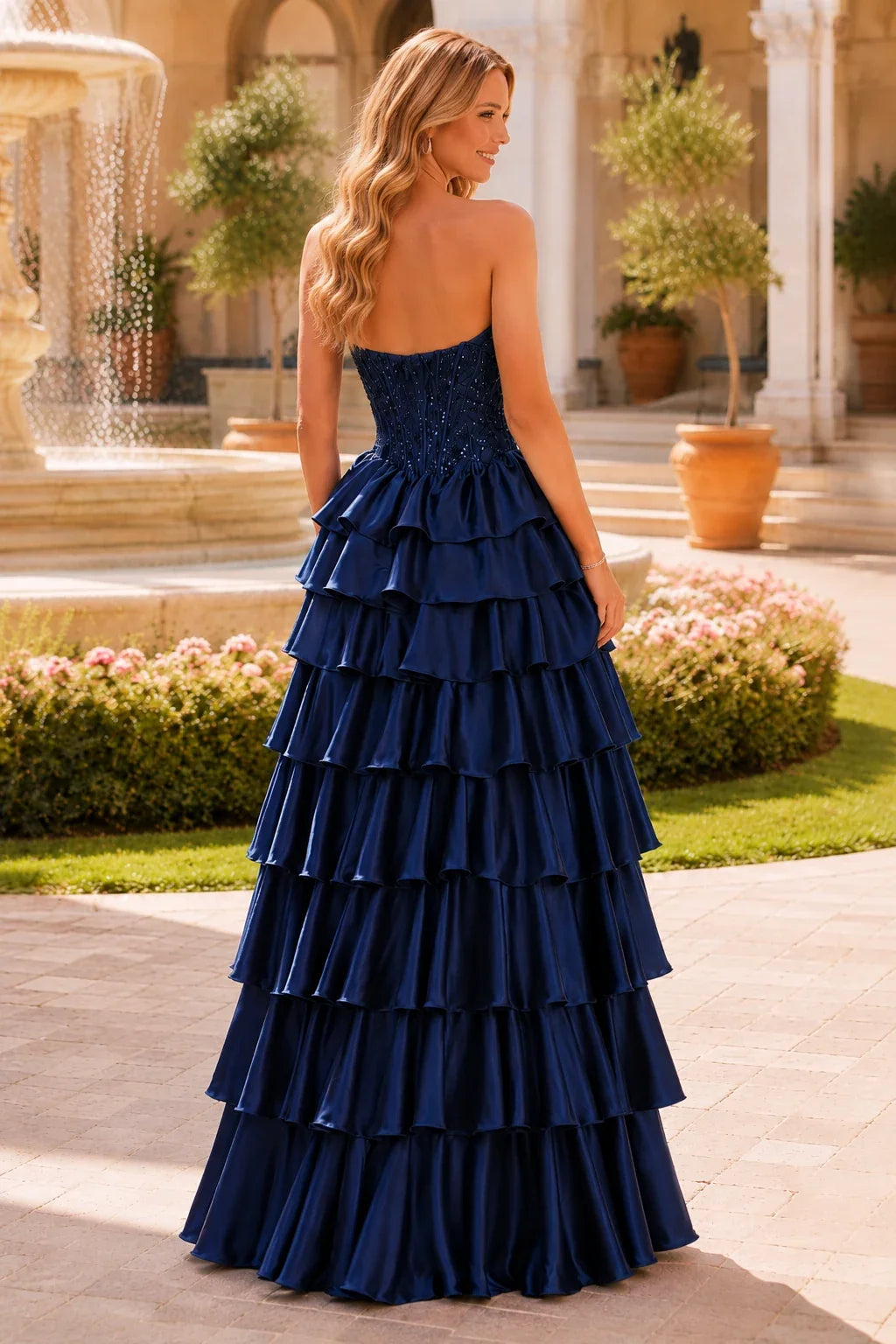 Estelle Strapless Tiered Ruffle Ball Gown Prom Dress