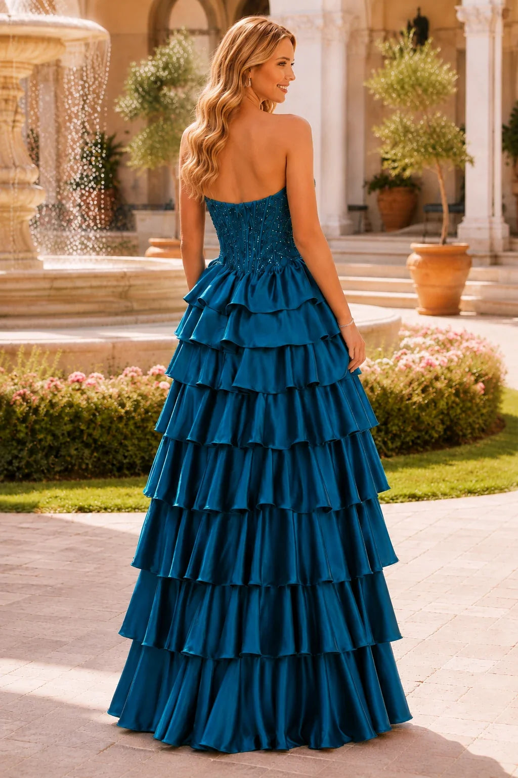 Estelle Strapless Tiered Ruffle Ball Gown Prom Dress