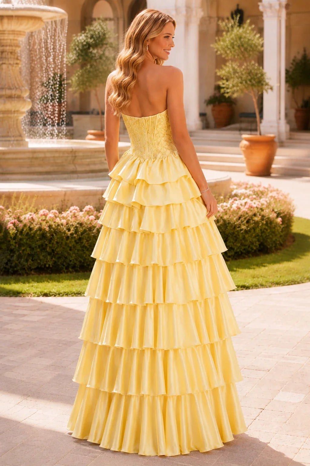 Estelle Strapless Tiered Ruffle Ball Gown Prom Dress