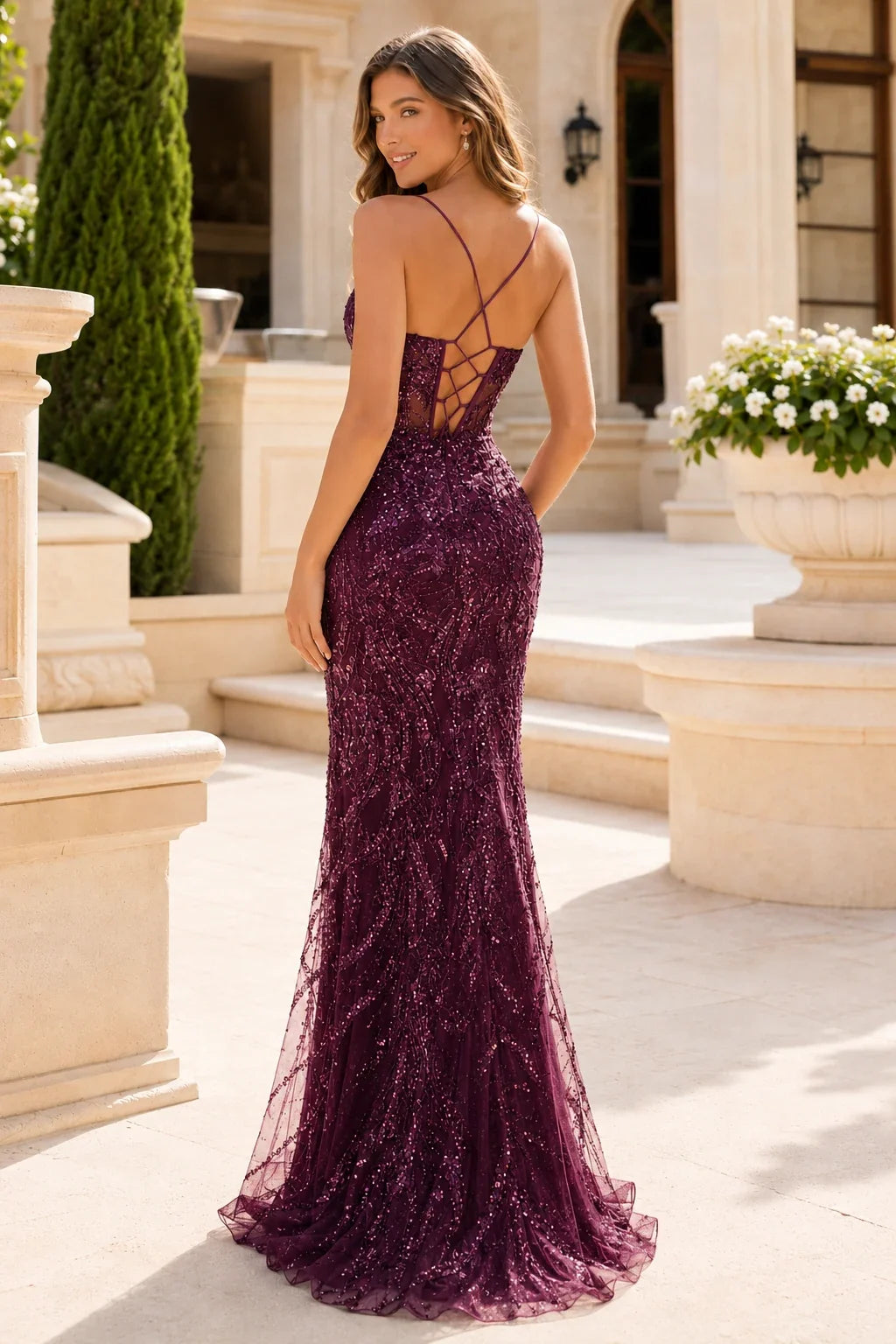 Astraea Sequin Spaghetti-Strap Mermaid Prom Dress with Slit