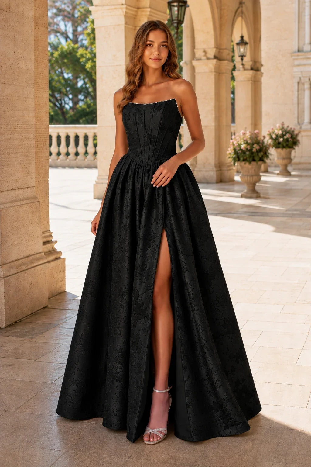 Sabine Corset Satin A-Line Prom Dress with Slit