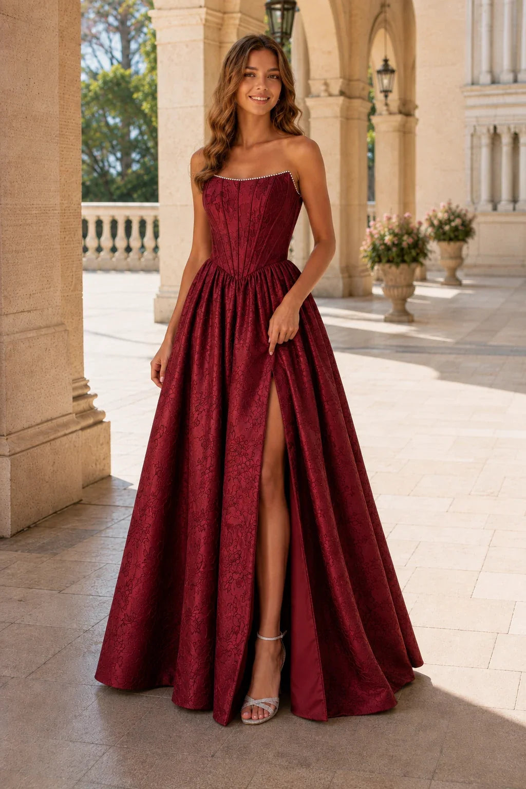 Sabine Corset Satin A-Line Prom Dress with Slit
