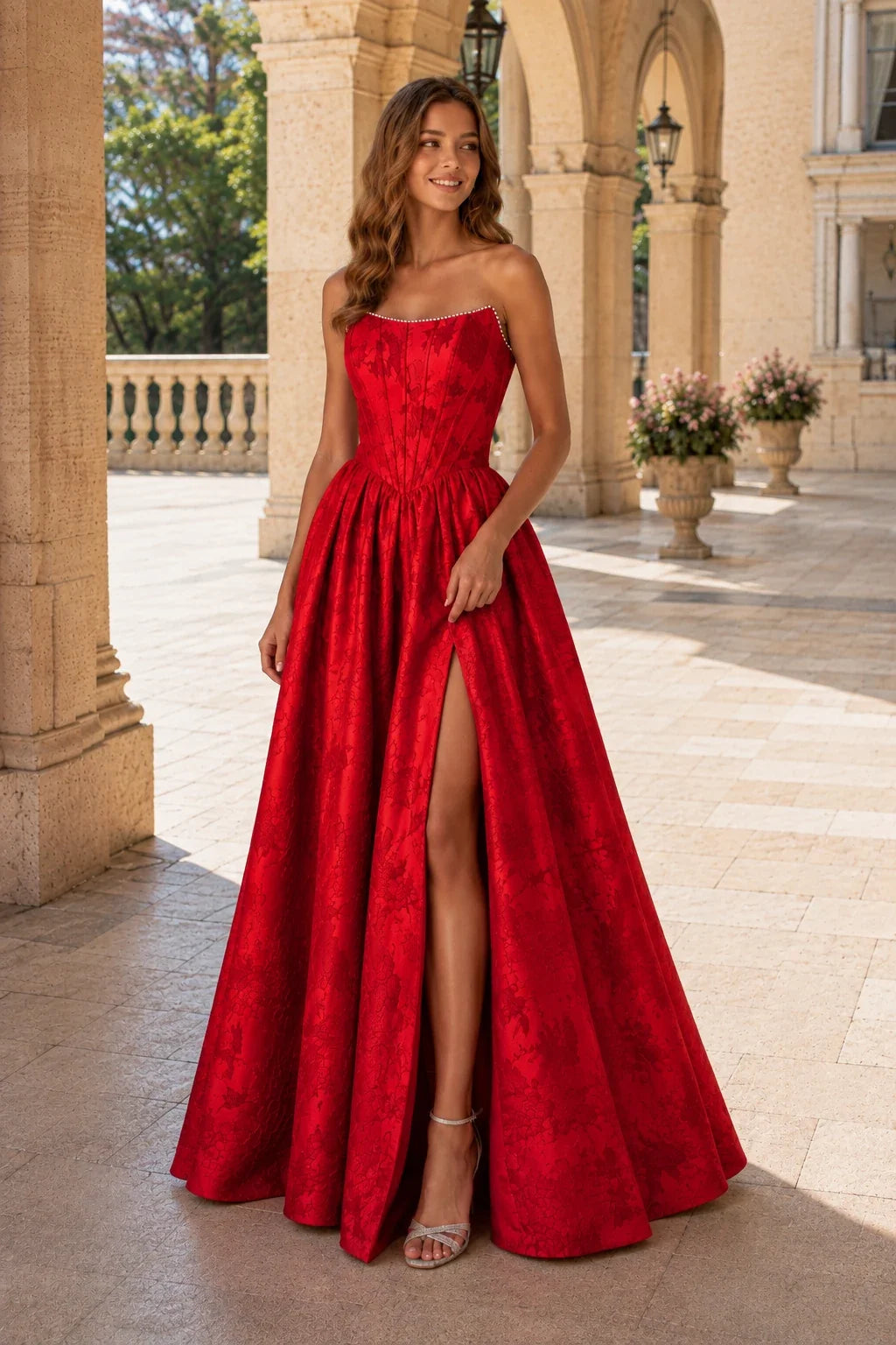 Sabine Corset Satin A-Line Prom Dress with Slit