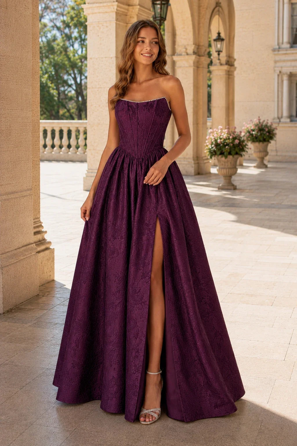 Sabine Corset Satin A-Line Prom Dress with Slit