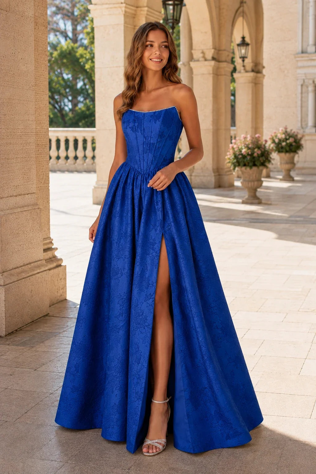 Sabine Corset Satin A-Line Prom Dress with Slit