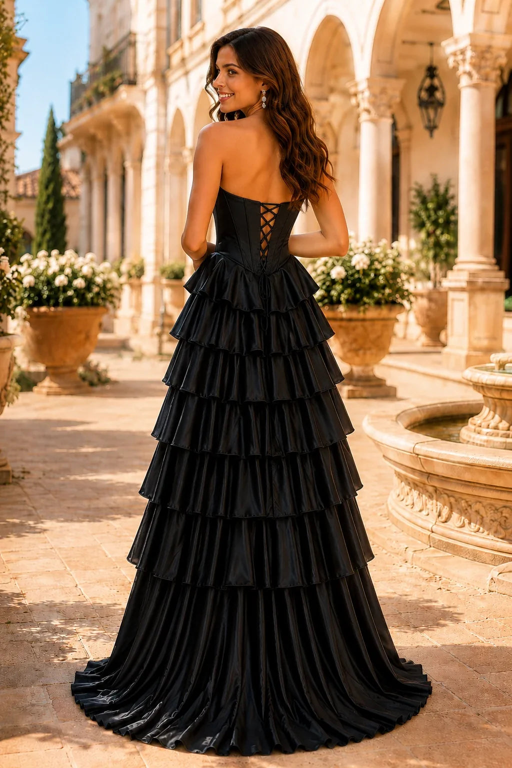 Clarisse Strapless Tiered Ruffle Prom Dress with Slit