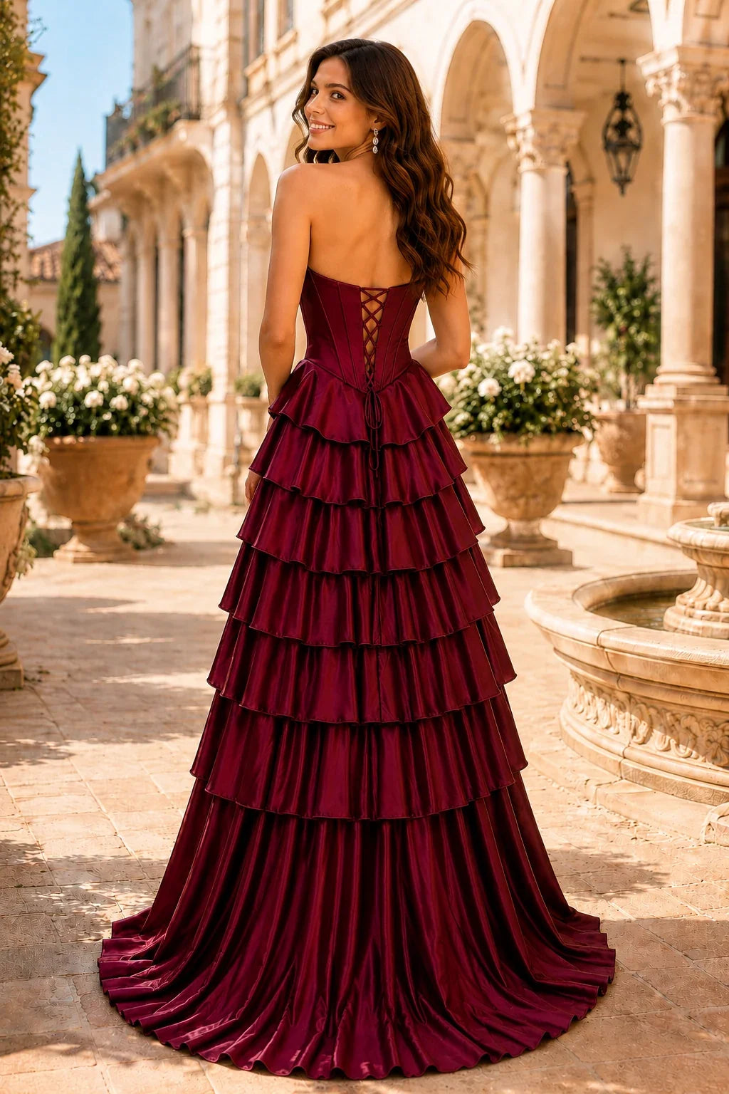 Clarisse Strapless Tiered Ruffle Prom Dress with Slit