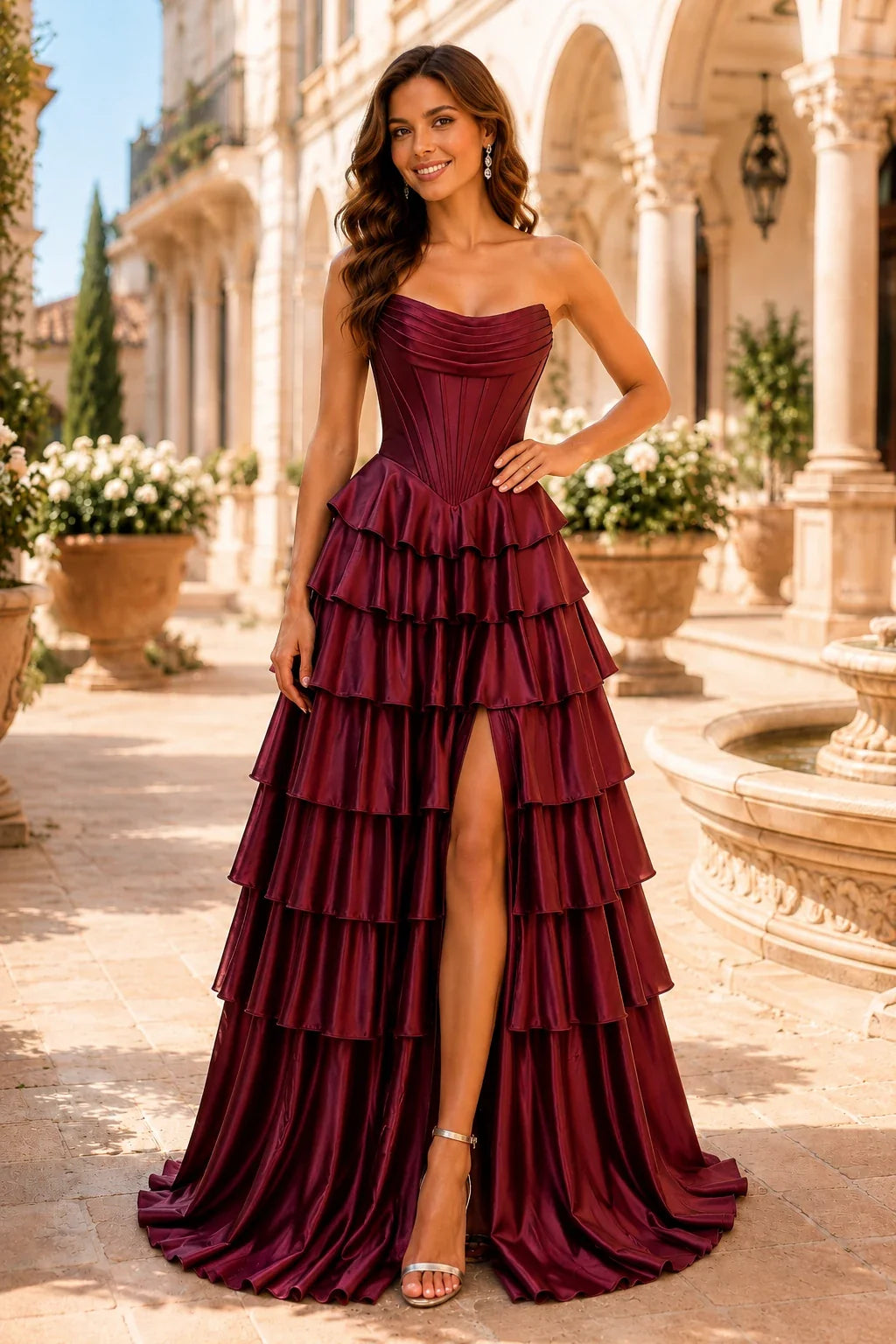 Clarisse Strapless Tiered Ruffle Prom Dress with Slit