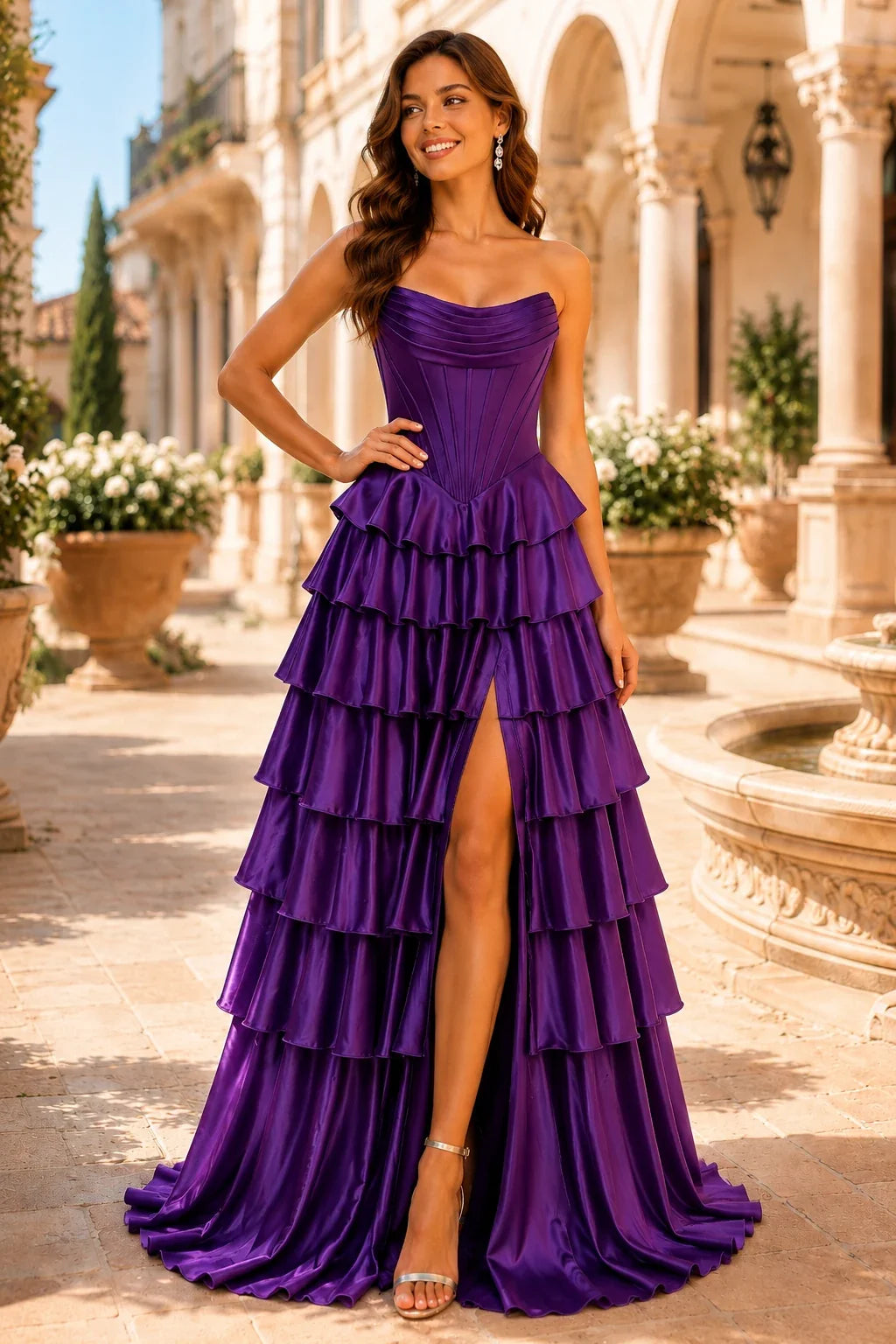 Clarisse Strapless Tiered Ruffle Prom Dress with Slit