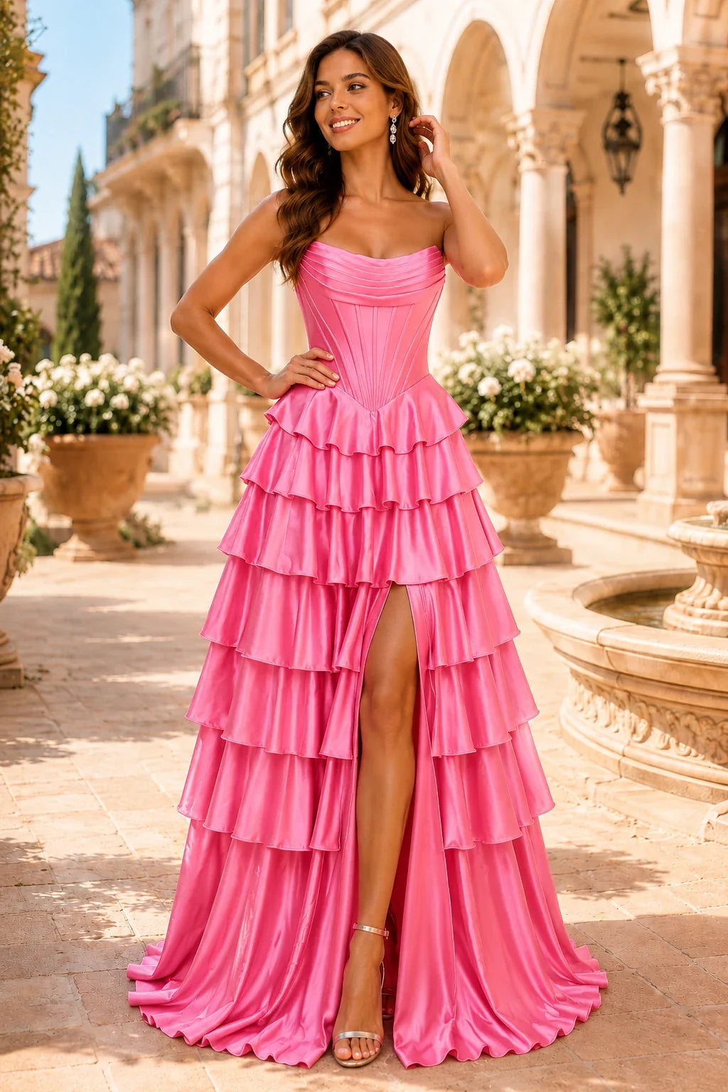 Clarisse Strapless Tiered Ruffle Prom Dress with Slit