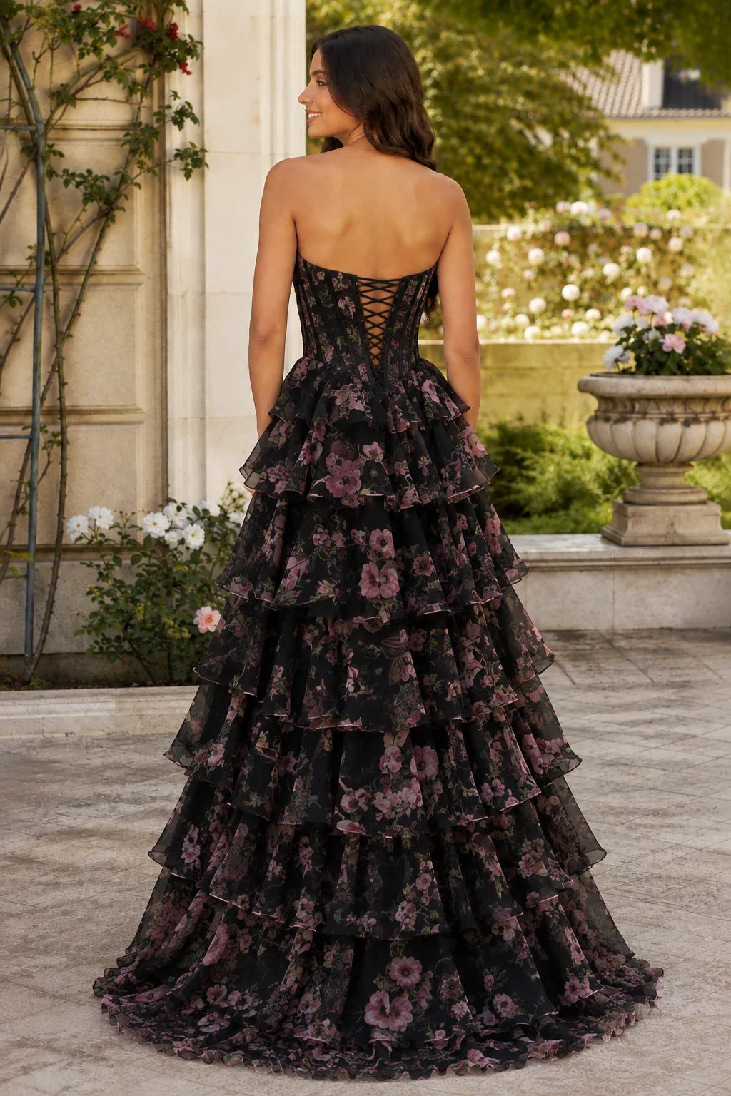 Maelle Strapless Tiered Ruffle Ball Gown Prom Dress