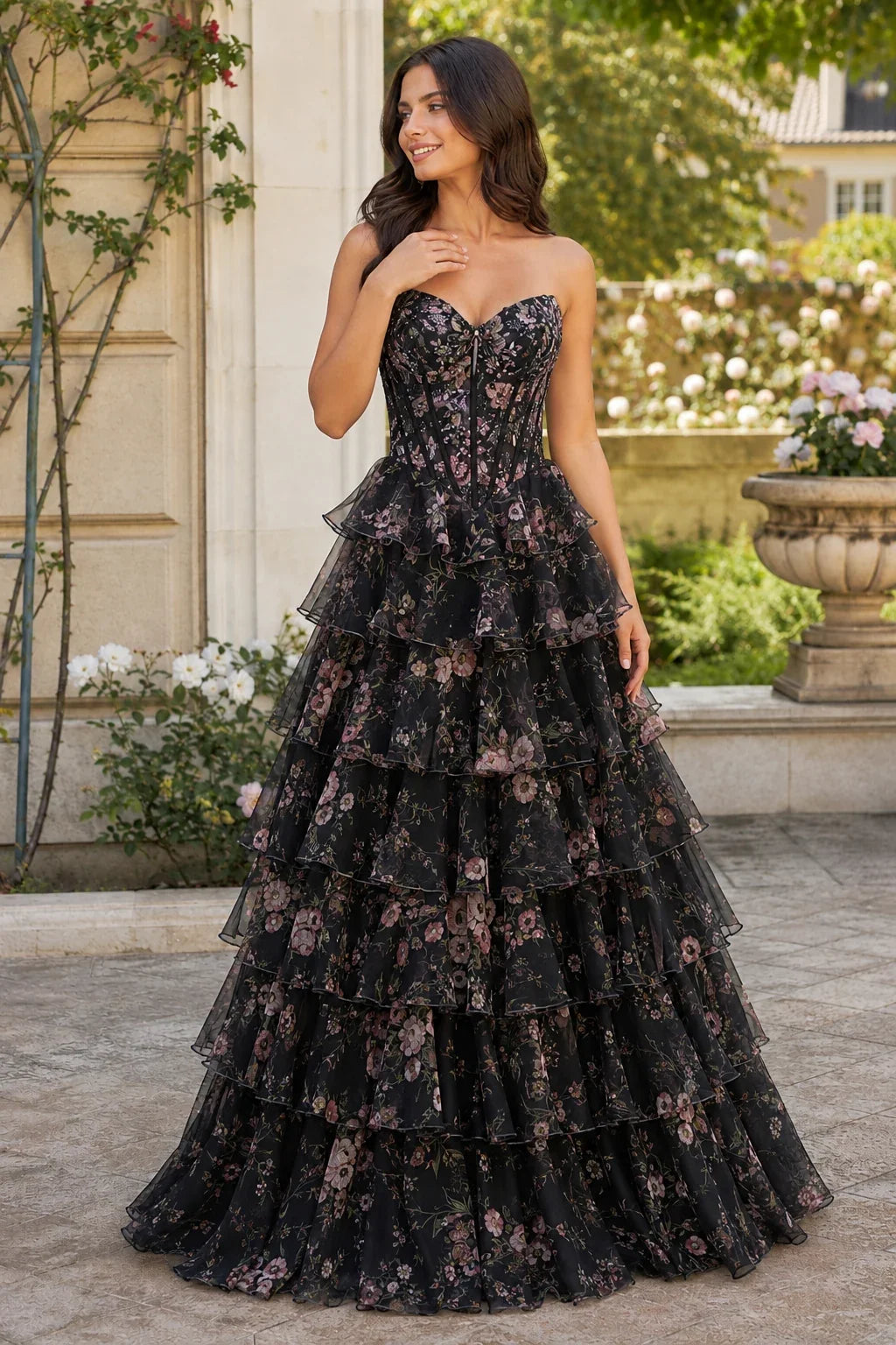 Maelle Strapless Tiered Ruffle Ball Gown Prom Dress