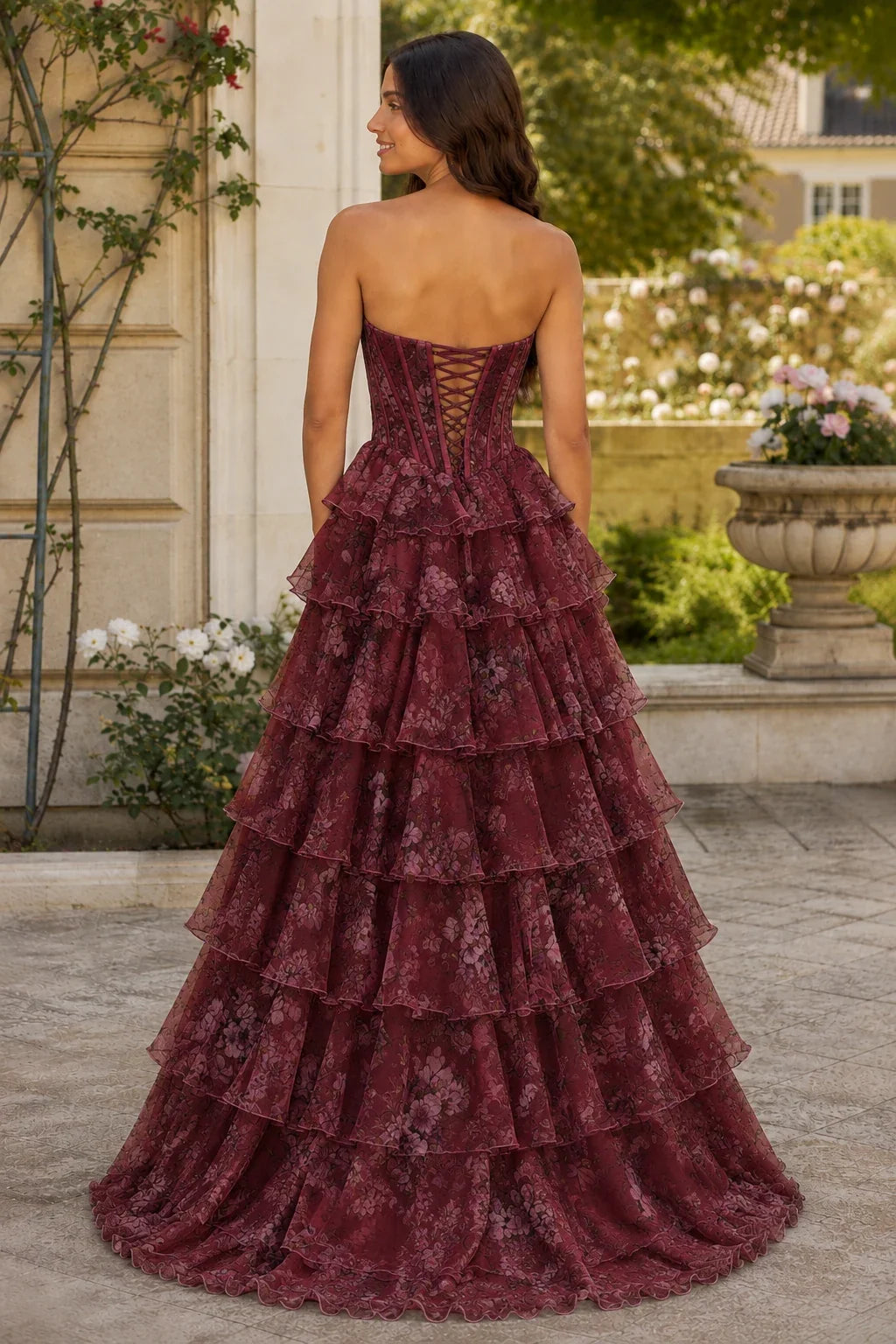 Maelle Strapless Tiered Ruffle Ball Gown Prom Dress