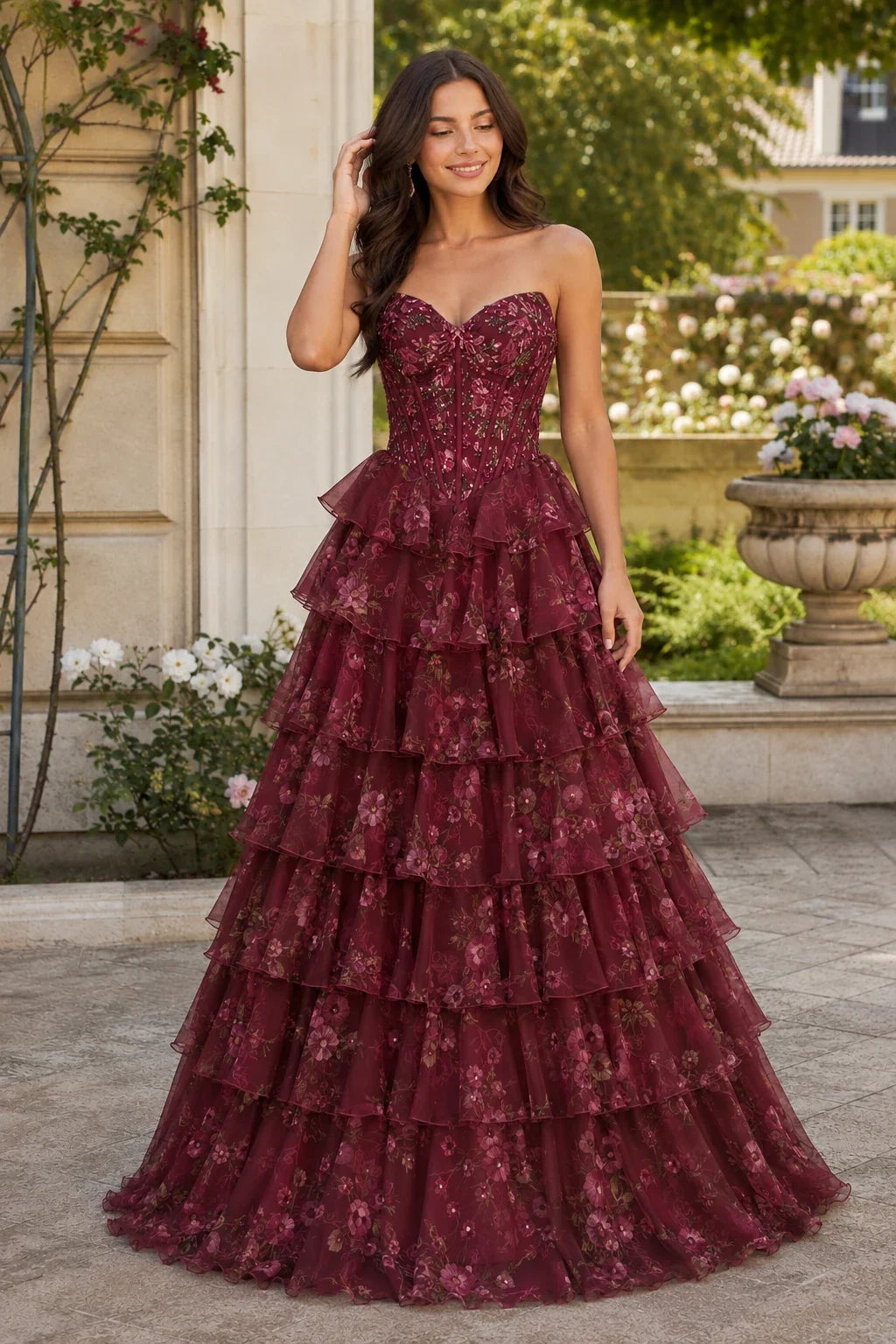 Maelle Strapless Tiered Ruffle Ball Gown Prom Dress