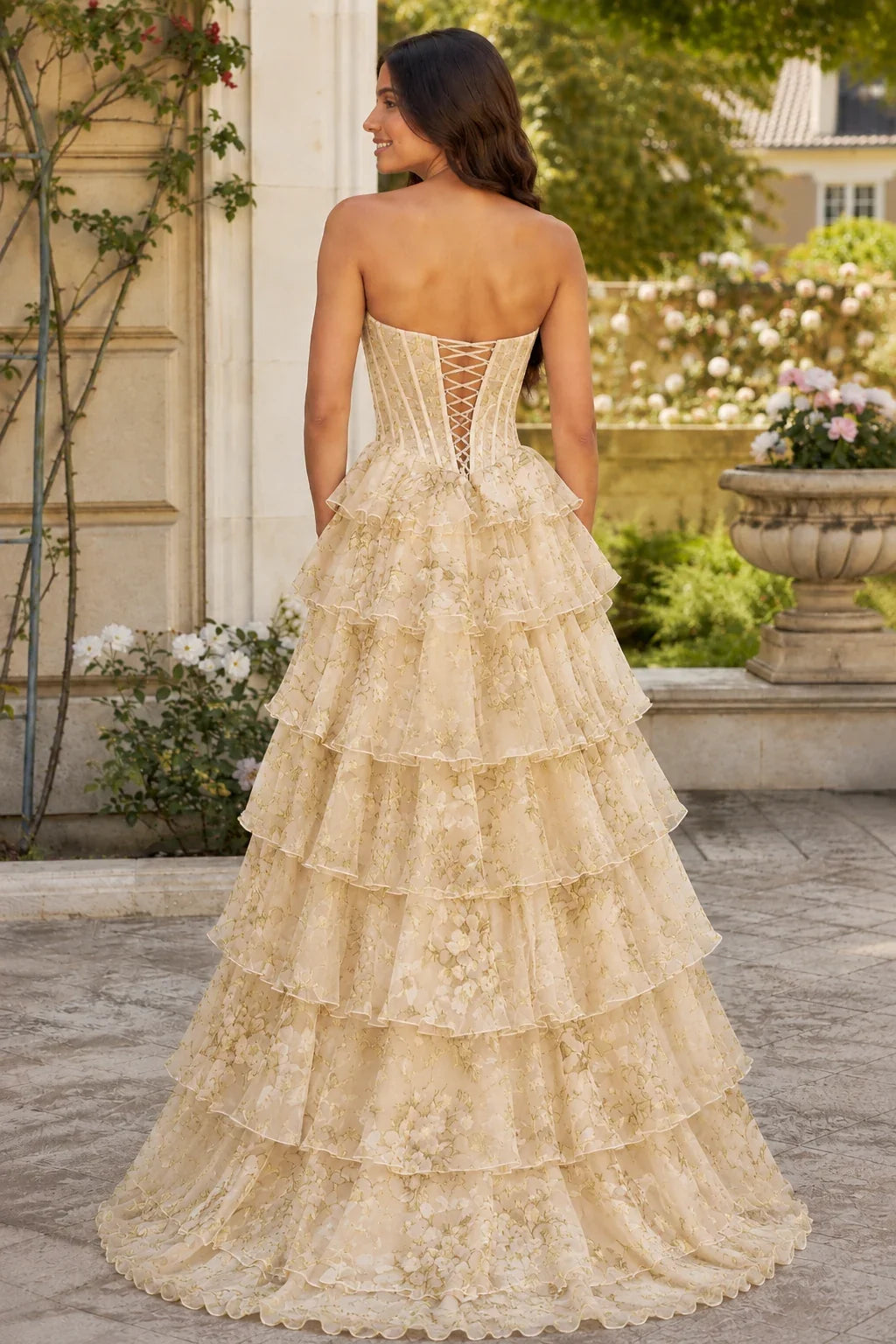 Maelle Strapless Tiered Ruffle Ball Gown Prom Dress