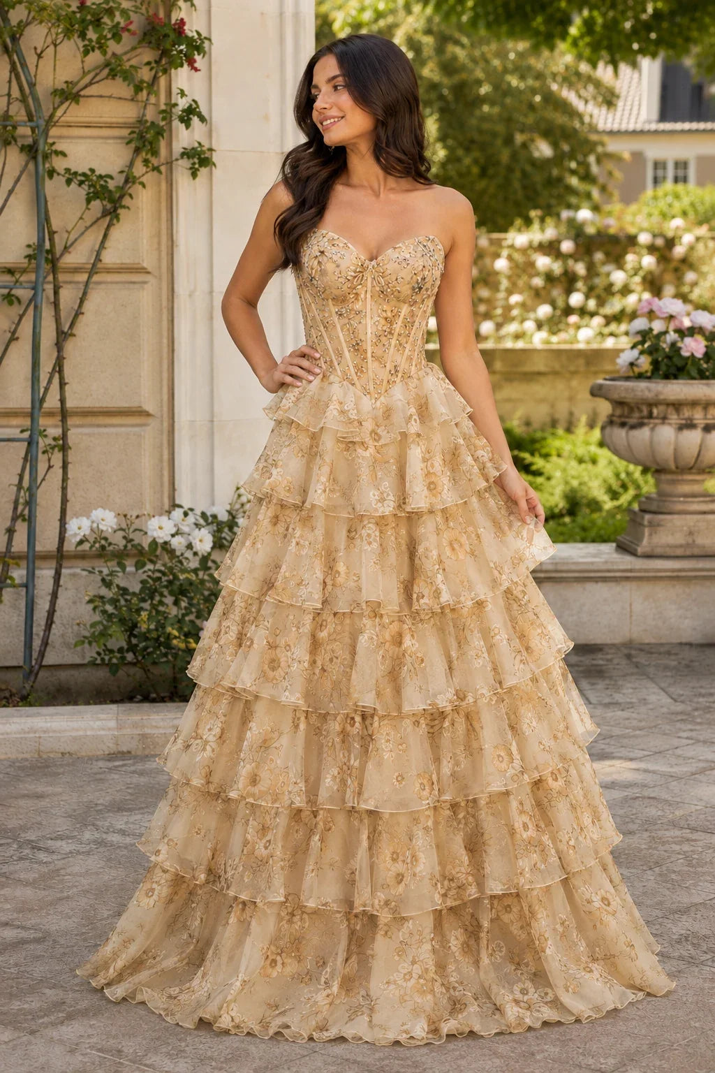 Maelle Strapless Tiered Ruffle Ball Gown Prom Dress
