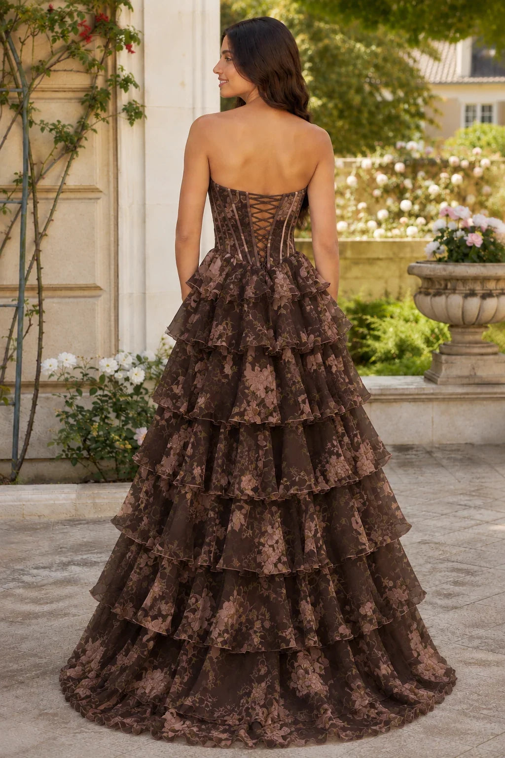 Maelle Strapless Tiered Ruffle Ball Gown Prom Dress