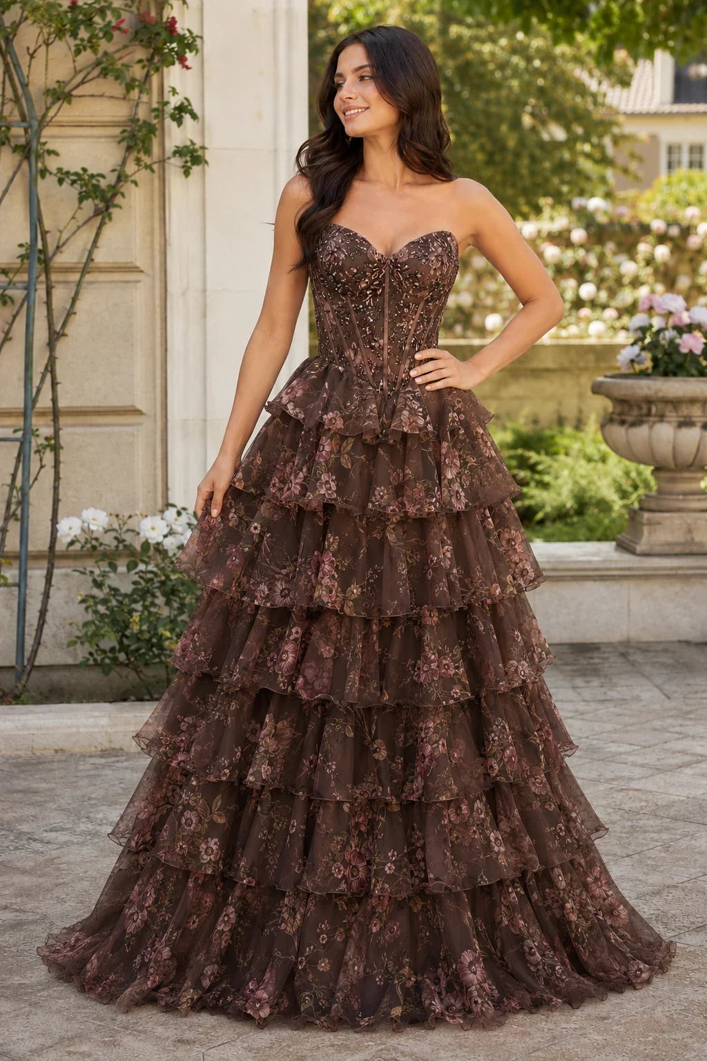Maelle Strapless Tiered Ruffle Ball Gown Prom Dress