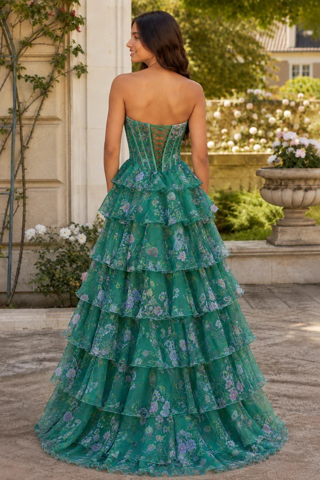 Maelle Strapless Tiered Ruffle Ball Gown Prom Dress