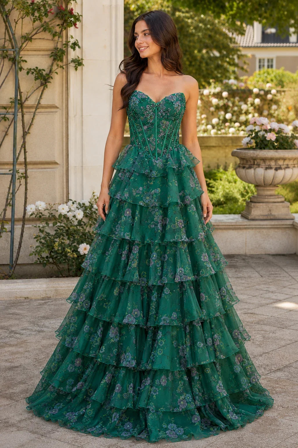 Maelle Strapless Tiered Ruffle Ball Gown Prom Dress