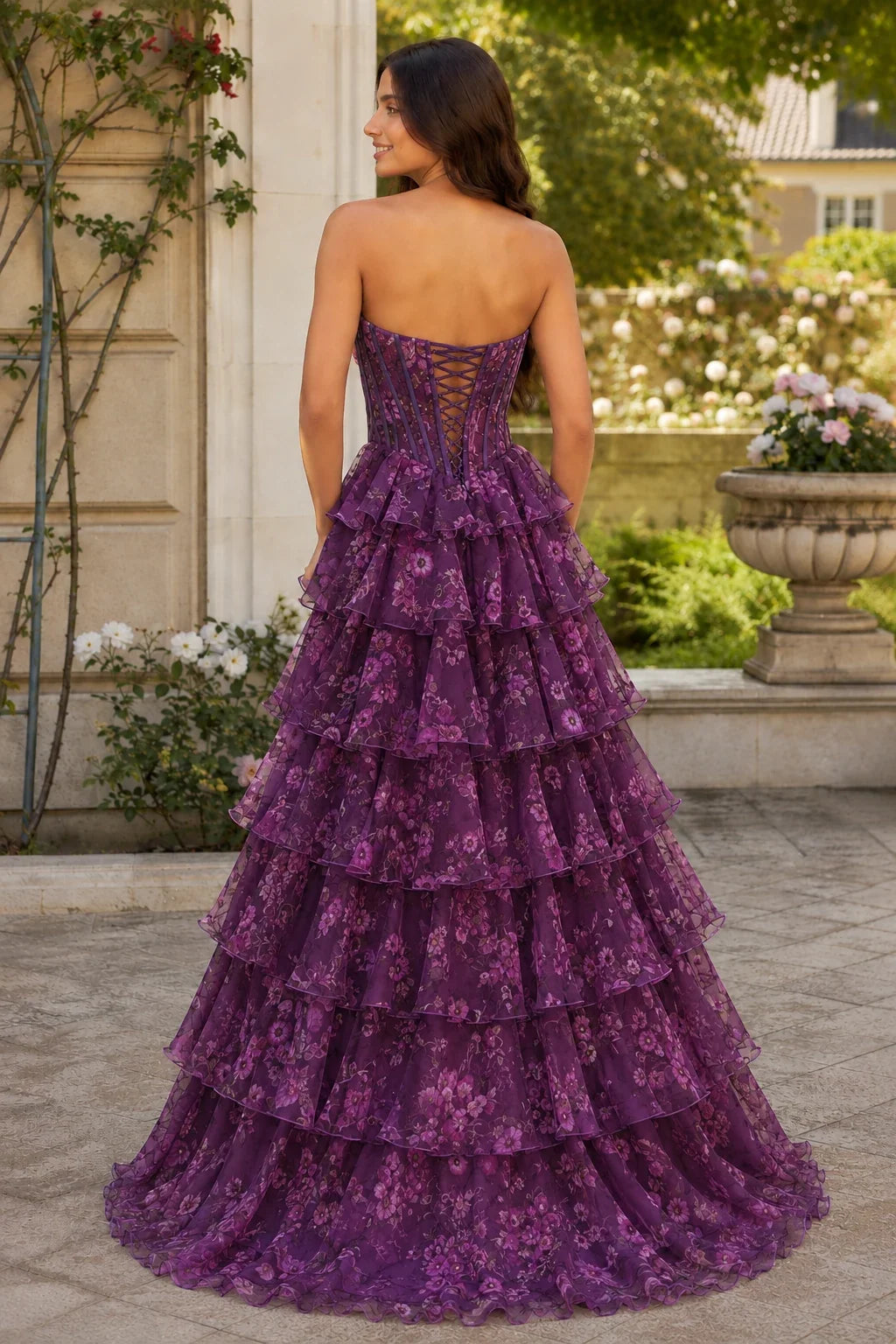 Maelle Strapless Tiered Ruffle Ball Gown Prom Dress