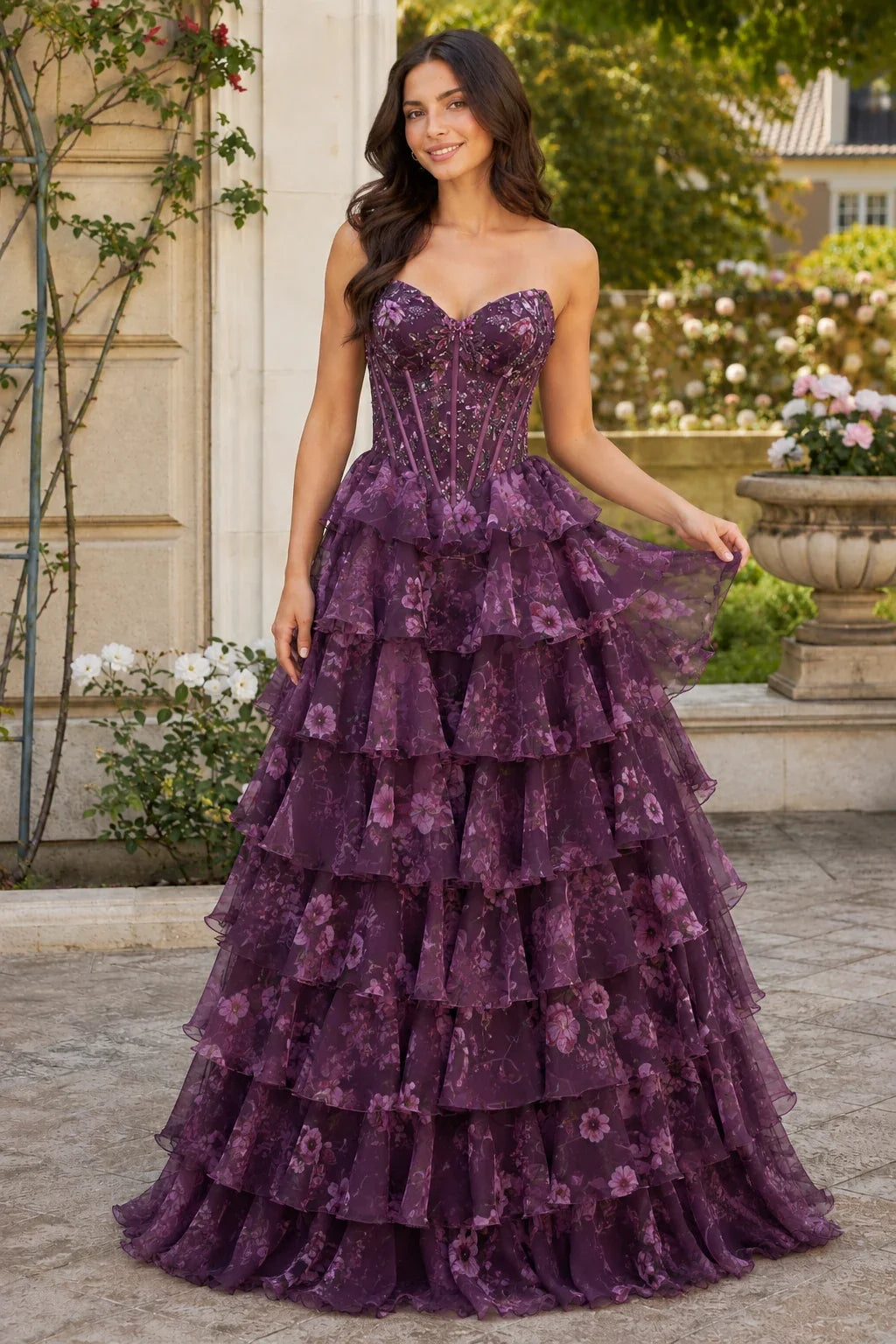 Maelle Strapless Tiered Ruffle Ball Gown Prom Dress