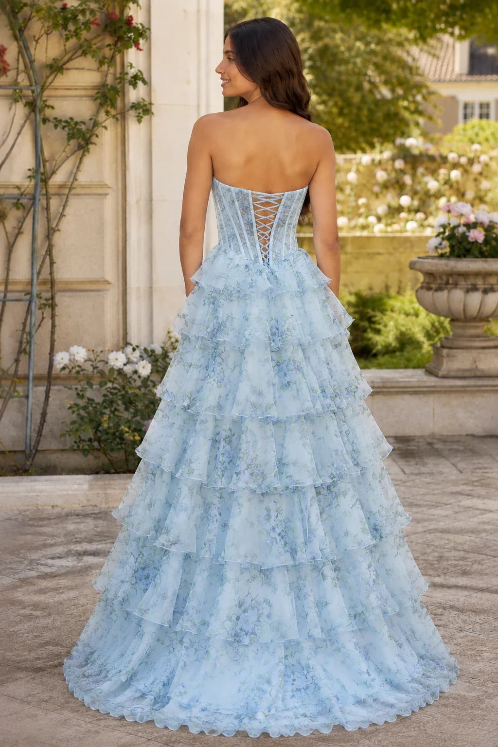 Maelle Strapless Tiered Ruffle Ball Gown Prom Dress