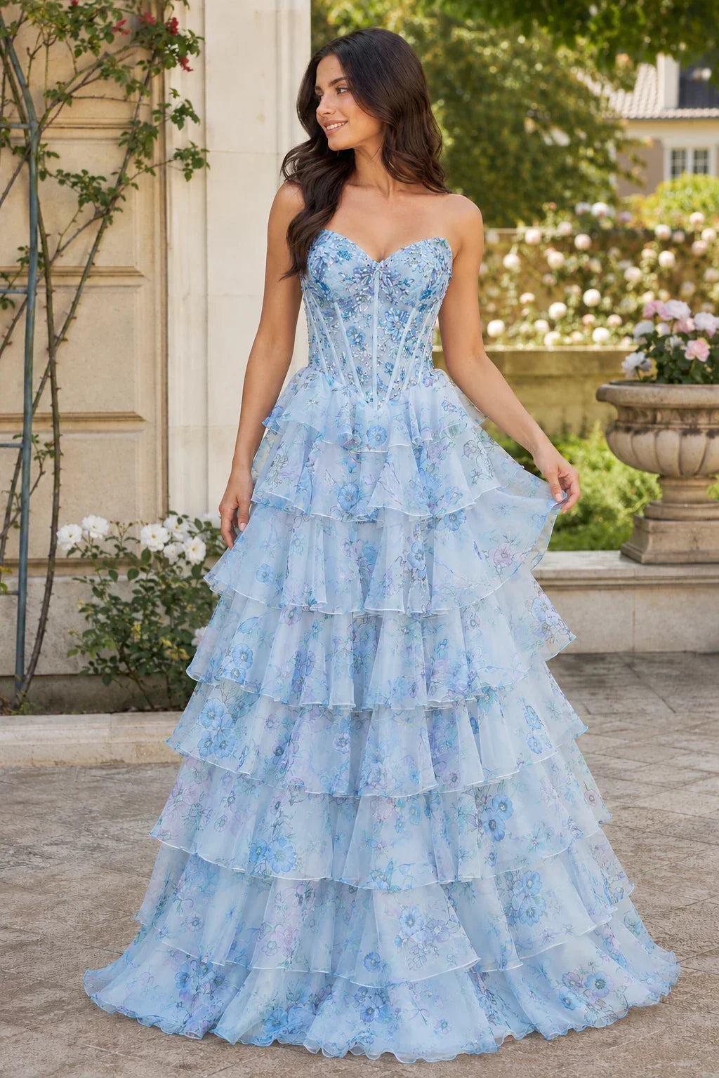 Maelle Strapless Tiered Ruffle Ball Gown Prom Dress