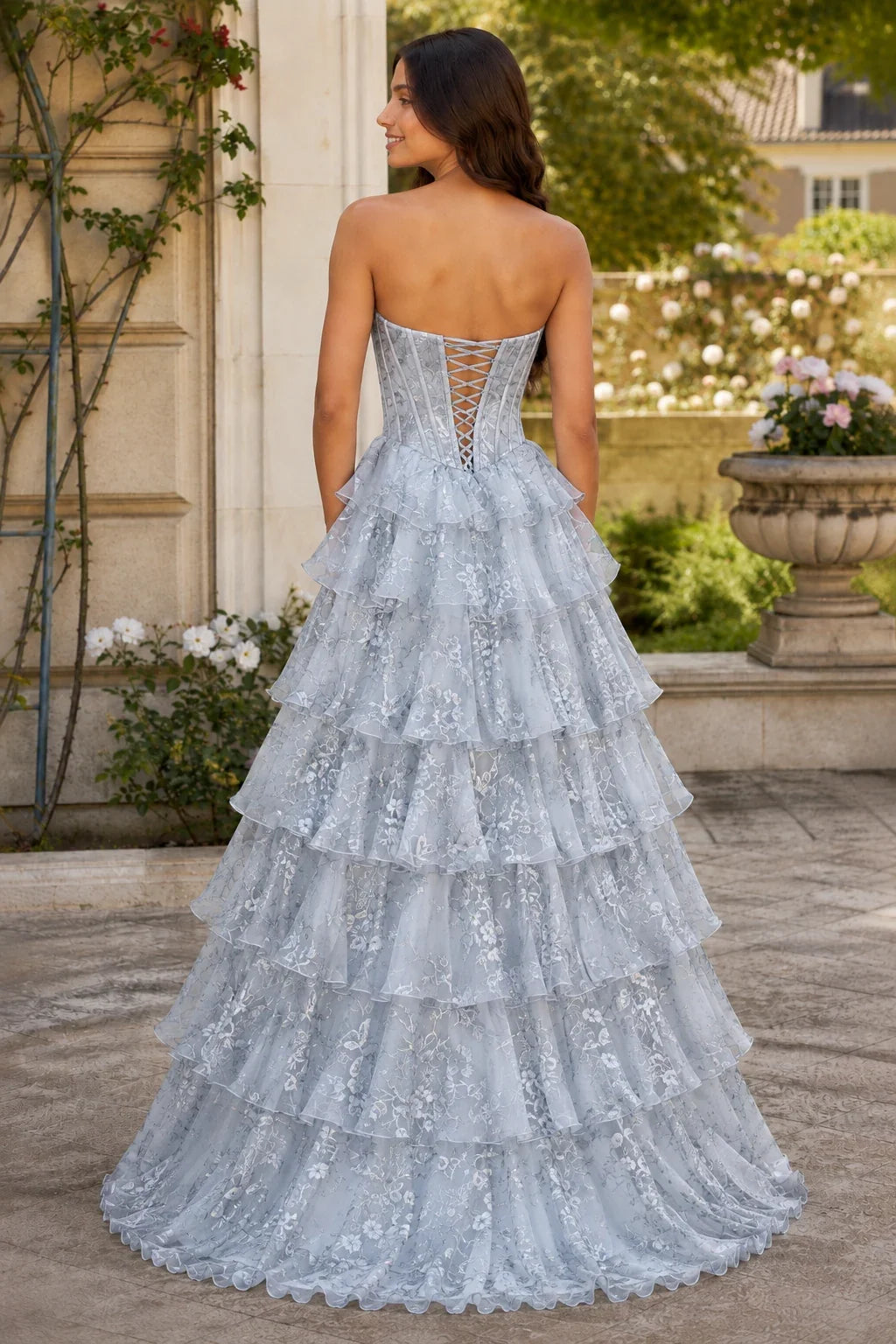 Maelle Strapless Tiered Ruffle Ball Gown Prom Dress