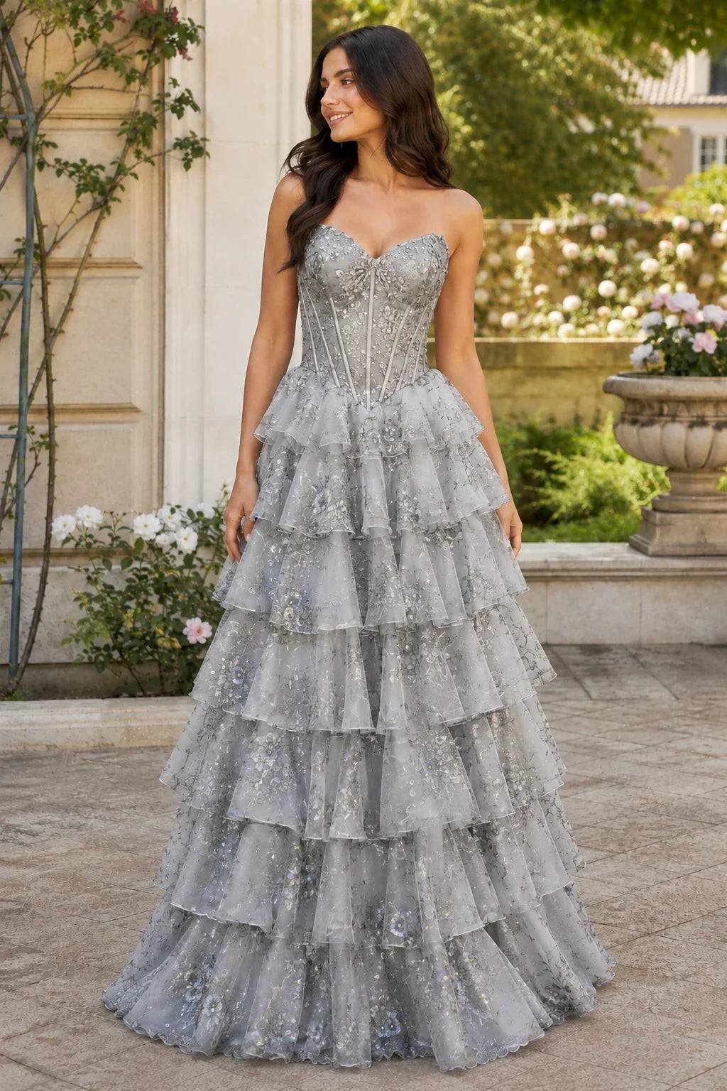 Maelle Strapless Tiered Ruffle Ball Gown Prom Dress