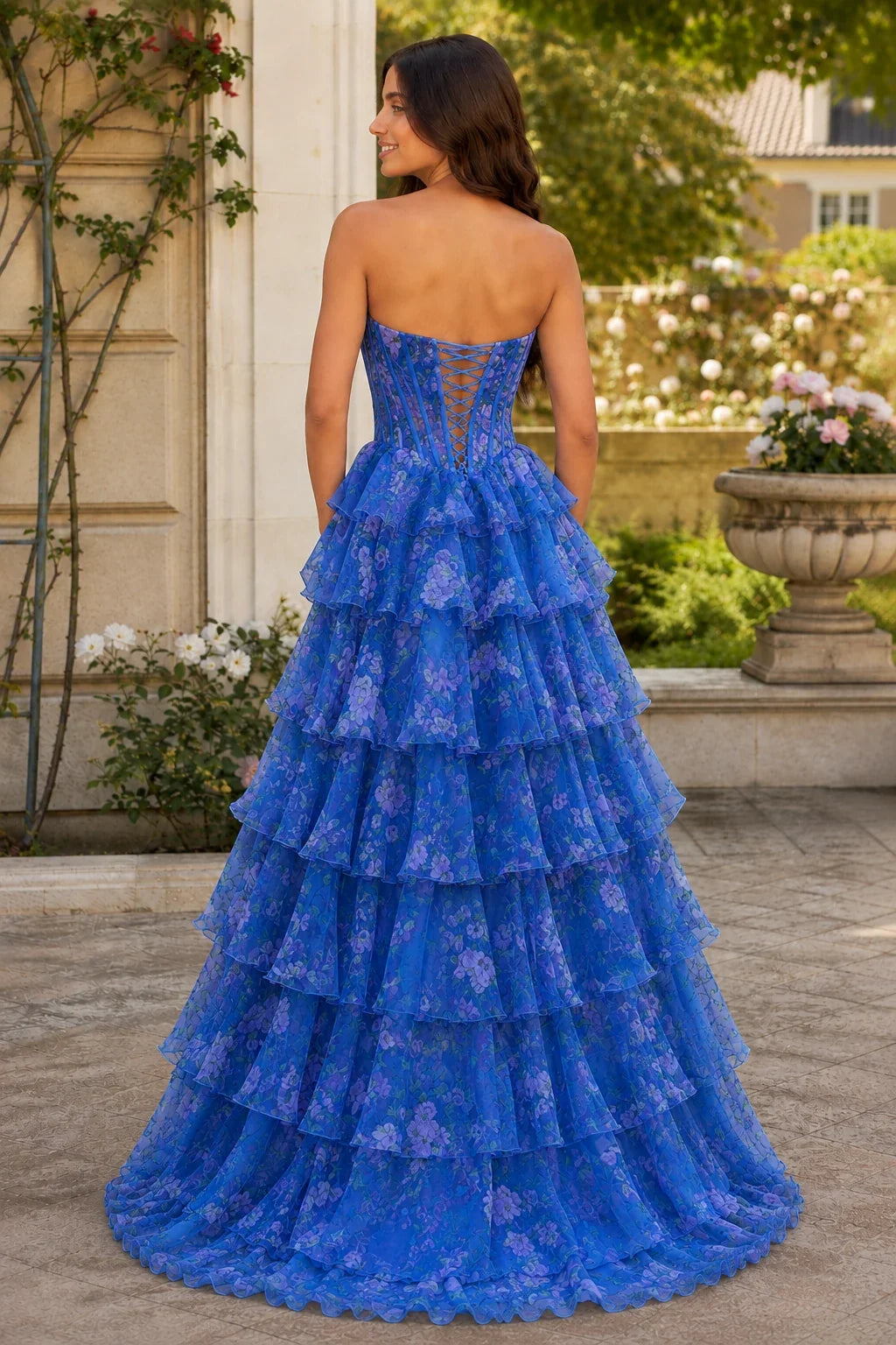 Maelle Strapless Tiered Ruffle Ball Gown Prom Dress