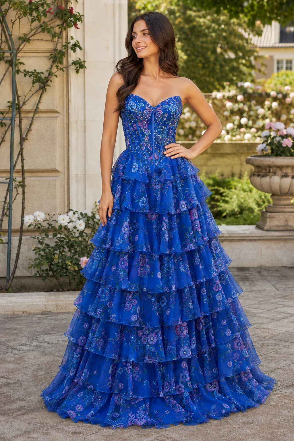 Maelle Strapless Tiered Ruffle Ball Gown Prom Dress